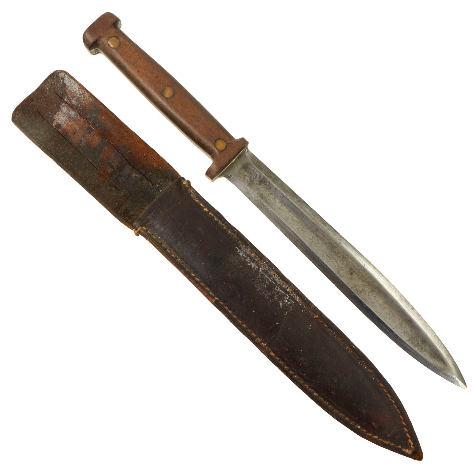 Buy Original U.S. WWII Era “Theater Made” Double-Edged Combat Knife With Micarta Handle and Leather Sheath - Named To “Cpl. R.J. Benoit” | Original Firearms Antique For Sale
