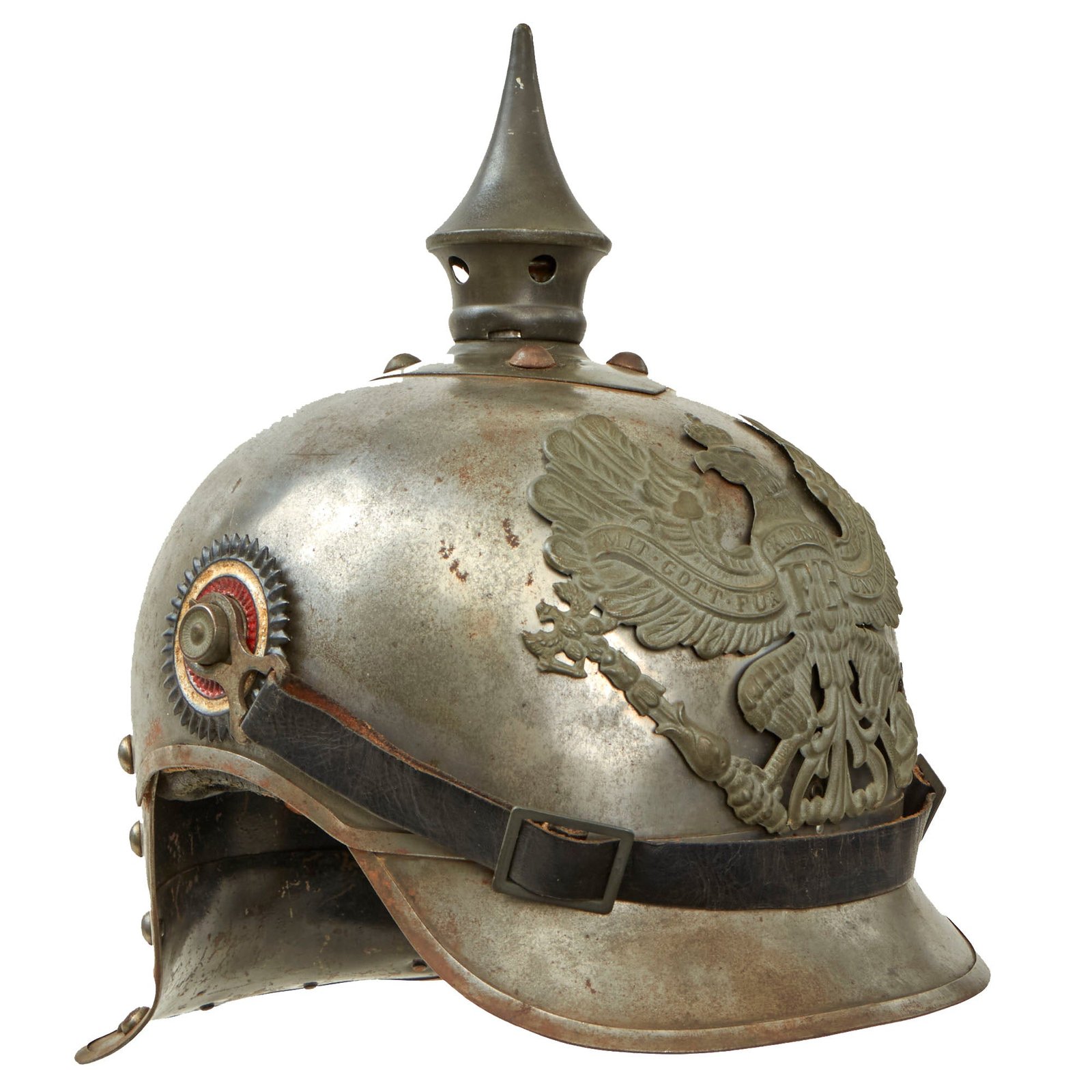 Buy Original WWI German M1915 Prussian Line Kürassier Lobster Tail Pickelhaube Helmet with Original Chinstrap and Cockades - Full Liner | Original Firearms Antique For Sale