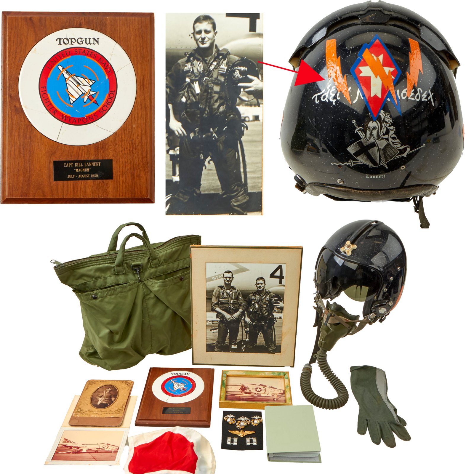 Buy Original U.S. Vietnam War Era Top Gun Pilot Class of 1980 Captain Bill Lannert APH-5 Flying Helmet and Insignia Grouping - Marine Fighter Attack Squadron 251 (VMFA-251) | Original Firearms Antique For Sale
