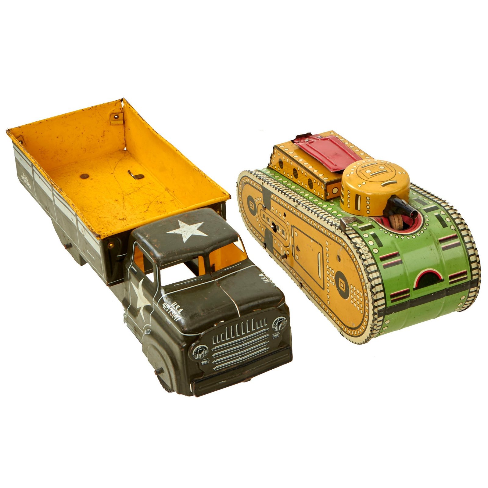 Buy Original U.S. Inter-War & 1950’s Tin Lithographed Mechanical Toy Tank and Truck by Louis Marx & Co With Popout Rifleman - Formerly A.A.F. Tank Museum Collection | Original Firearms Antique For Sale