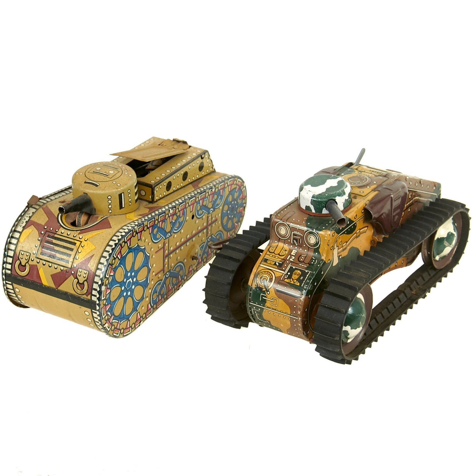 Buy Original U.S. WWII Era Tin Lithographed Mechanical Toy Tanks by Louis Marx & Co With Popout Rifleman - Lot of 2 | Original Firearms Antique For Sale