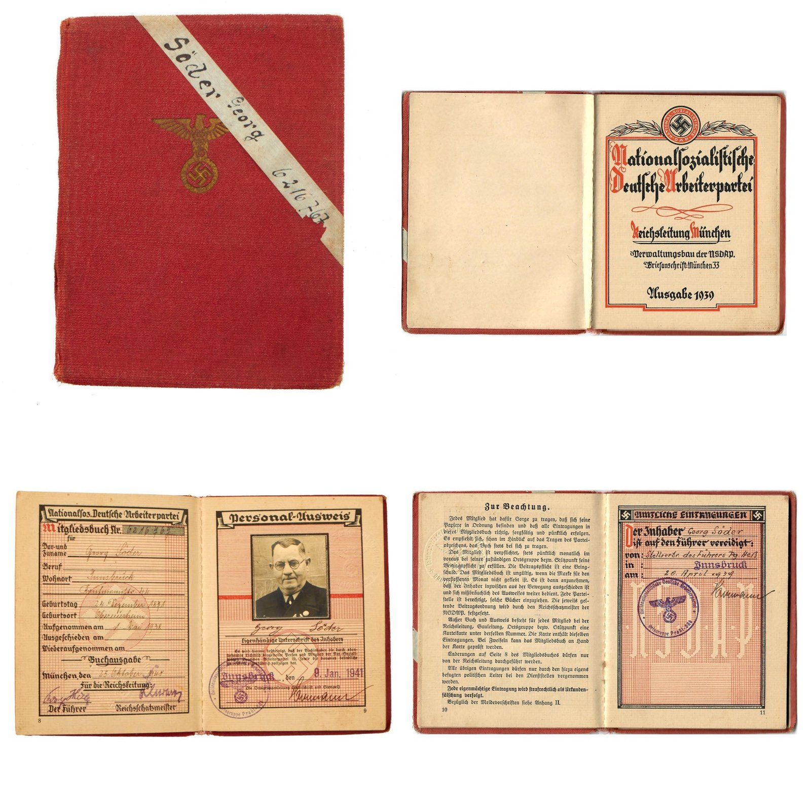 Buy Original German WWII NSDAP Membership Book of Austrian Georg Söder - Issued 9 January 1941 | Original Firearms Antique For Sale