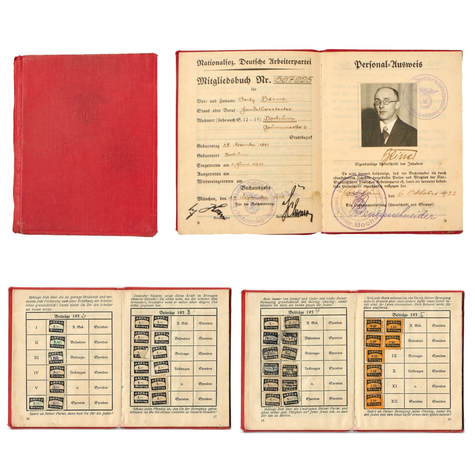 Buy Original German Pre-WWII NSDAP Membership Book for Fritz Beine of Bochum, Germany | Original Firearms Antique For Sale