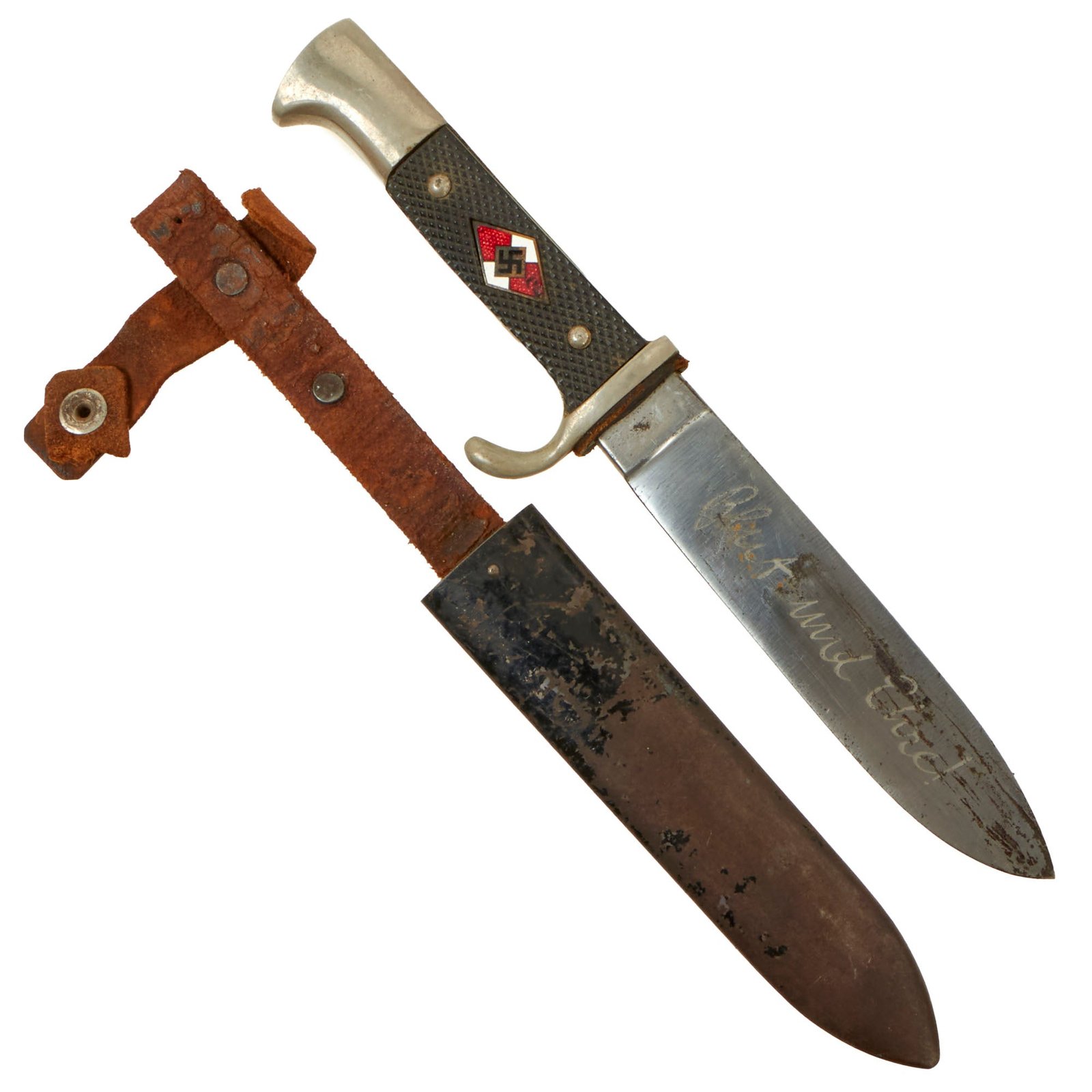 Buy Original German WWII Transitional HJ Knife with Motto by Tigerwerk Lauterjung & Co. with Scabbard - RZM M7/68 | Original Firearms Antique For Sale