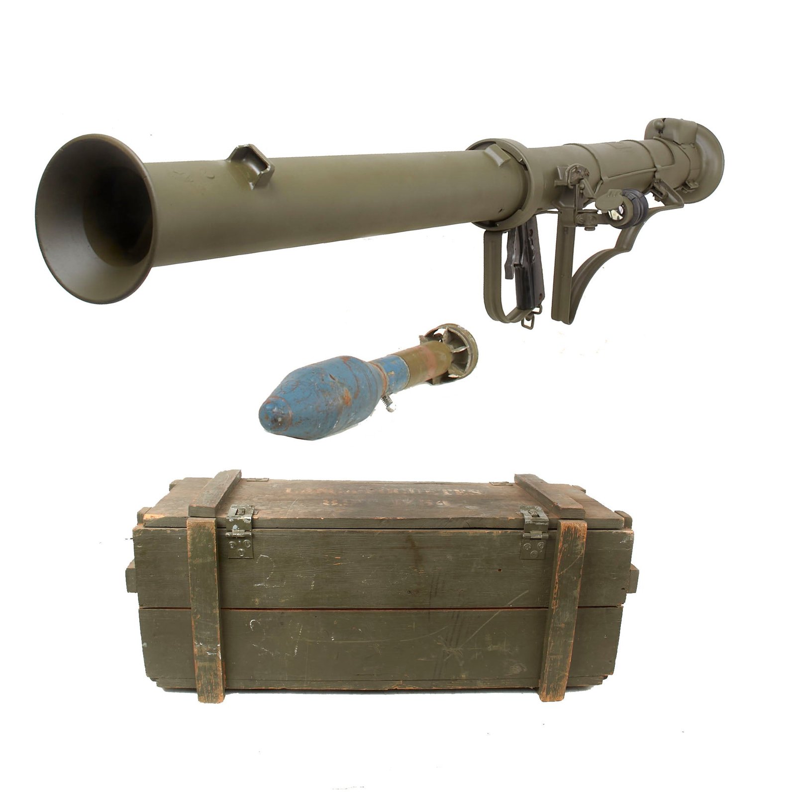 Buy Original U.S. Deactivated M20 A1 B1 3.5 Inch Super Bazooka Rocket Launcher by Birtman Elec. Co. with Inert Rocket in Portuguese Transit Chest | Original Firearms Antique For Sale