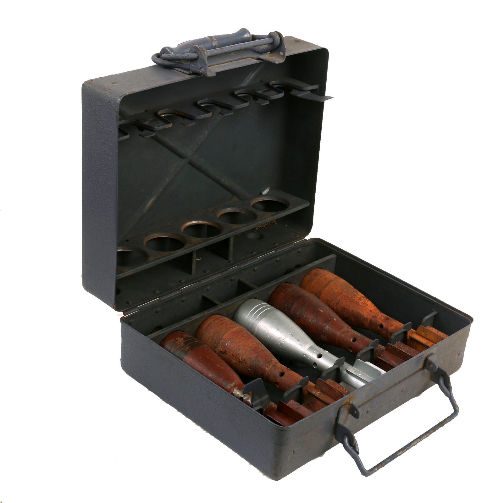 Buy Original German WWII 5cm Mortar Round Leichter Granatwerfer 36 Transportation Box Case with 5 Inert Rounds | Original Firearms Antique For Sale