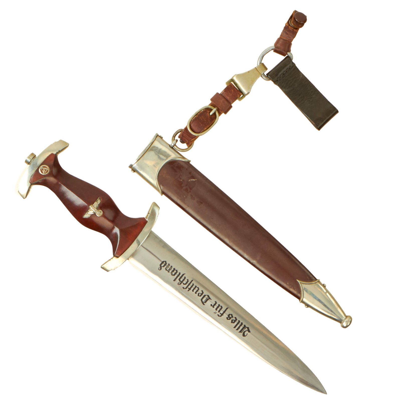 Buy Original German Early WWII SA Dagger by Gebrüder Heller of Marienthal with Scabbard and 3-Piece Hanger - Vertical Name | Original Firearms Antique For Sale