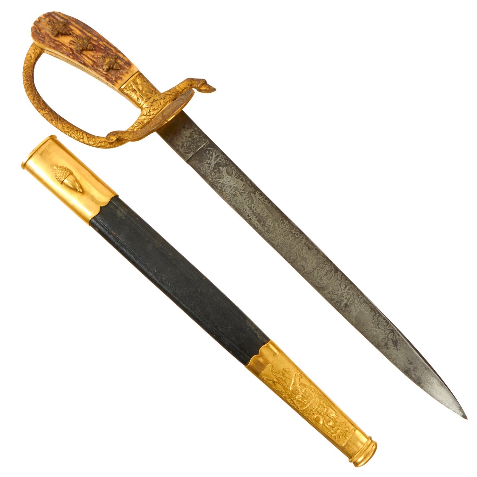 Buy Original German WWII Hirschfänger Bone Handle Forestry Dress Cutlass by Carl Eickhorn with Handguard & Scabbard | Original Firearms Antique For Sale