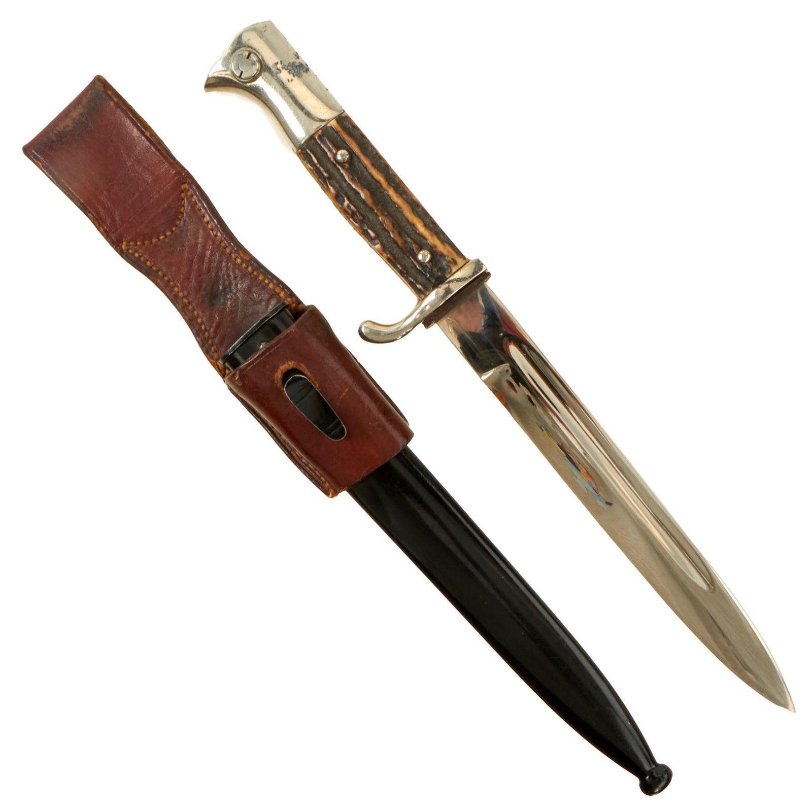 Buy Original German WWII Heer Short Stag Handle 98k Dress Bayonet by Lauterjung & Sohn Puma-Werk with Scabbard and Frog | Original Firearms Antique For Sale