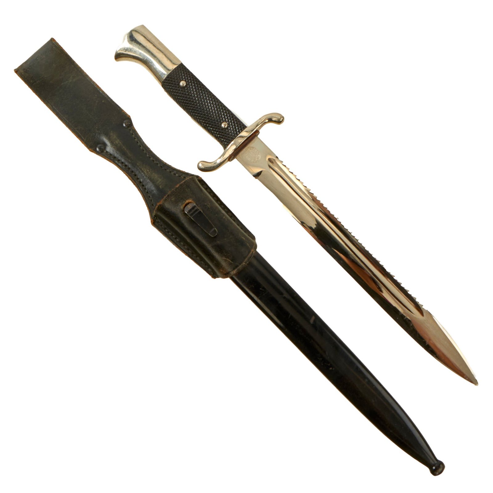 Original German WWII Fireman's Long Dress Sawback Bayonet by E. & F. Hörster with Scabbard and Frog