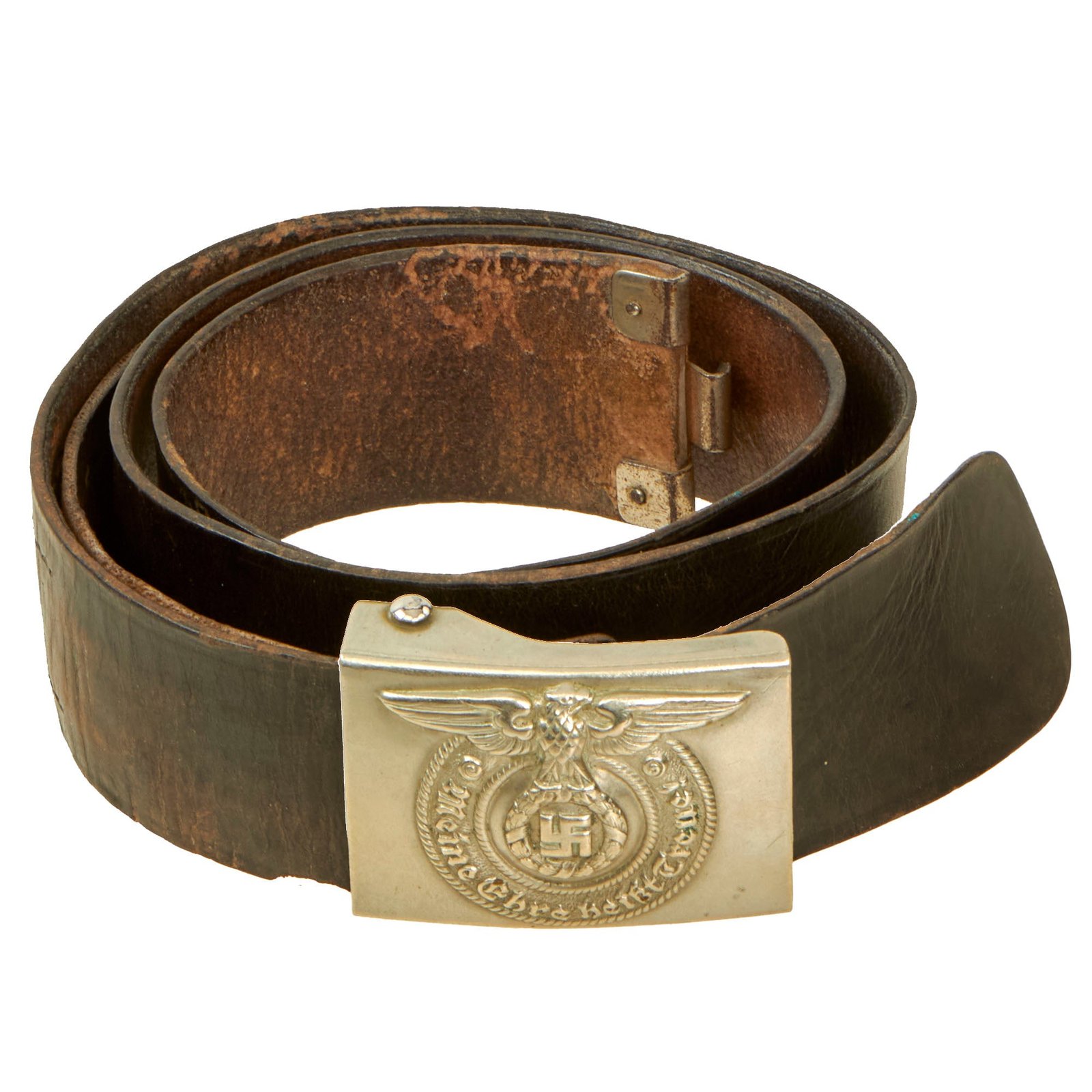 Buy Original German WWII Early SS EM/NCO Nickel Belt Buckle by Overhoff & Cie with Black Leather Belt - Schutzstaffel | Original Firearms Antique For Sale