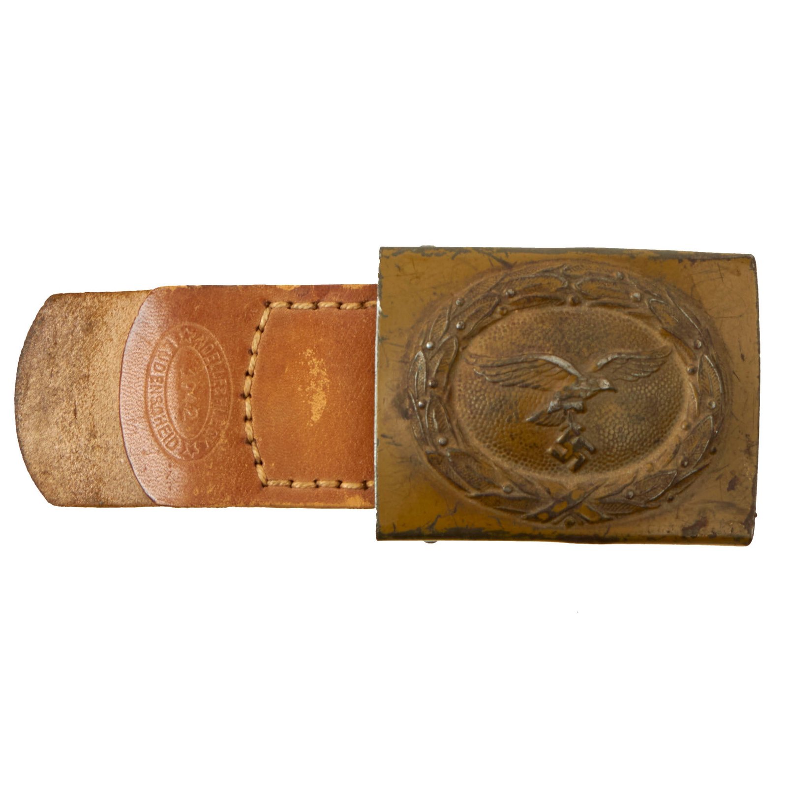 Buy Original Rare German WWII Luftwaffe Afrikakorps DAK Tan Painted Steel Buckle by Noelle & Hueck with Leather Tab - Dated 1942 | Original Firearms Antique For Sale