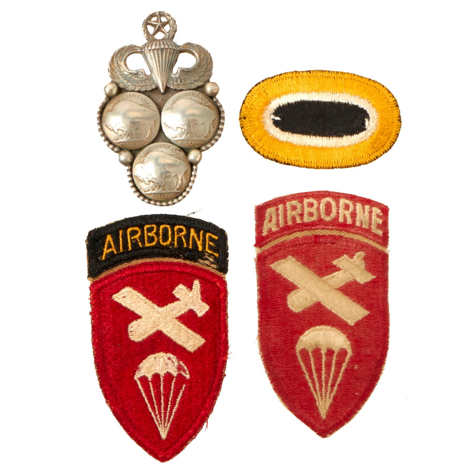 Buy Original U.S. WWII 555th Parachute Infantry Battalion Triple Nickles Master Parachutist Jump Wings with Airborne Oval & Patches - All-Black Airborne Unit | Original Firearms Antique For Sale