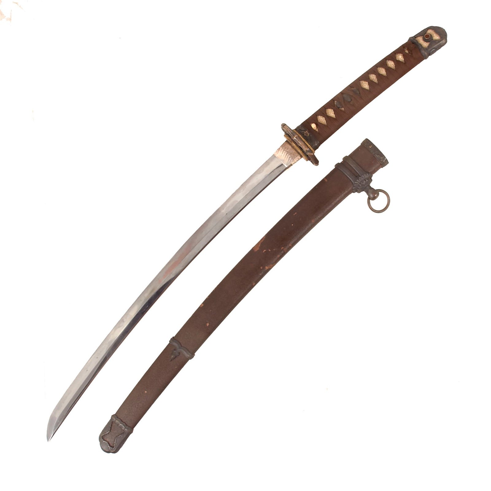 Buy Original Japanese WWII Type 98 Shin-Gunto Wakizashi Sword with Edo Period Handmade Blade, Family Crest, and Textured Scabbard | Original Firearms Antique For Sale