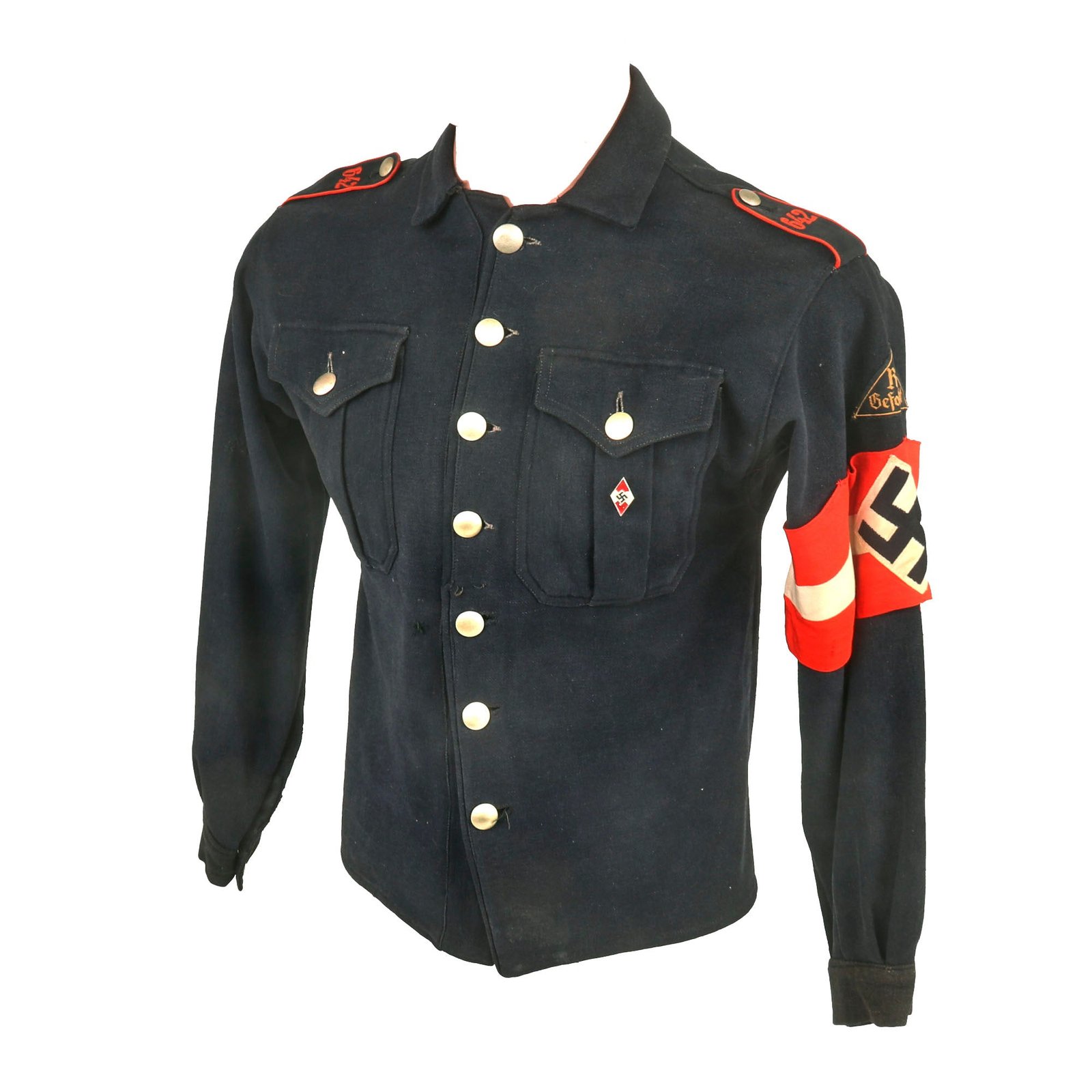 Buy Original German WWII HJ National Youth Organization RJF-Gefolgschaft Blue Uniform Shirt with Membership Pin & Armband | Original Firearms Antique For Sale