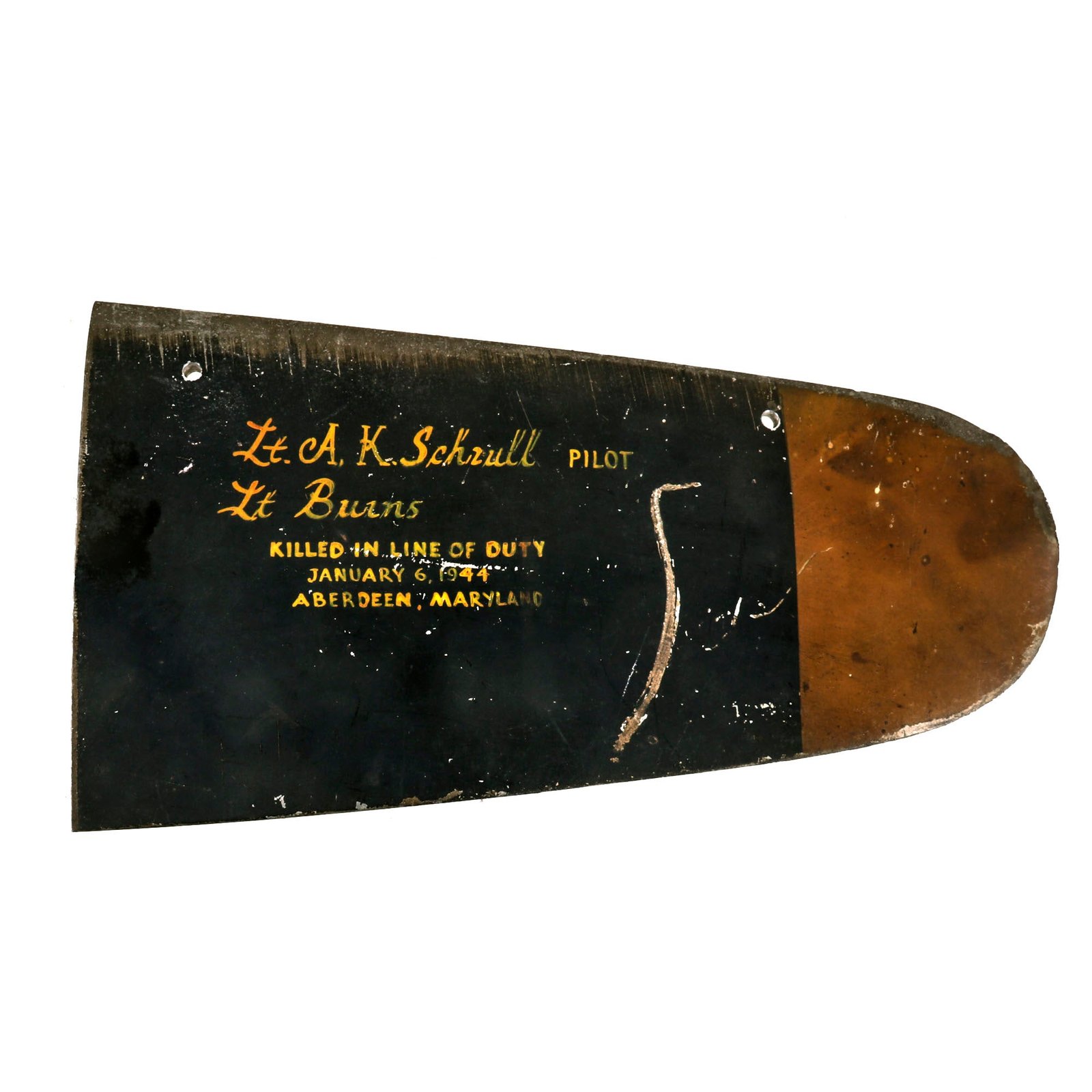 Buy Original U.S. WWII Airplane Propeller Tip Named to Pilots Killed in Crash at Aberdeen Proving Ground - 1944 | Original Firearms Antique For Sale