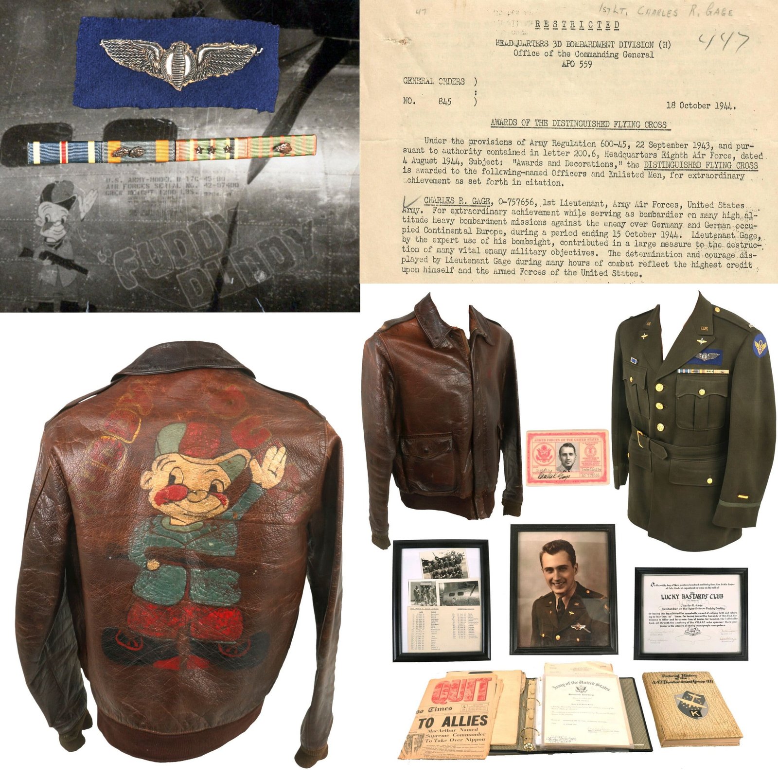 Buy Original U.S. WWII B-17 “Fuddy Duddy” Bombardier Distinguished Flying Cross Recipient Charles Gage with Disney’s Elmer Fudd Painted A2 Flight Jacket, Officer Jacket, Certificates, & Binder of Ephemera - 708th Bomb Squadron, 447th Bomb Group | Original Firearms Antique For Sale