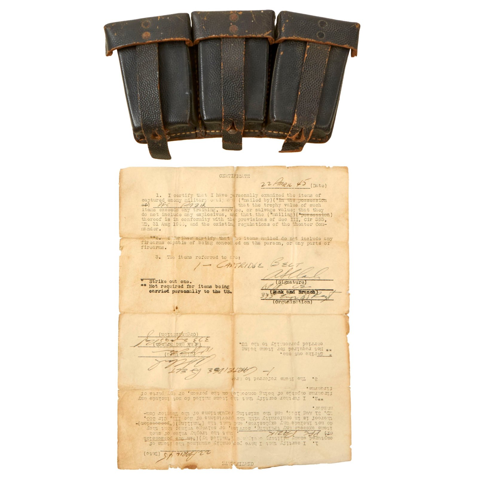 Buy Original U.S. WWII Captured German Ammunition Pouches with Capture Certificate Dated 1945 | Original Firearms Antique For Sale