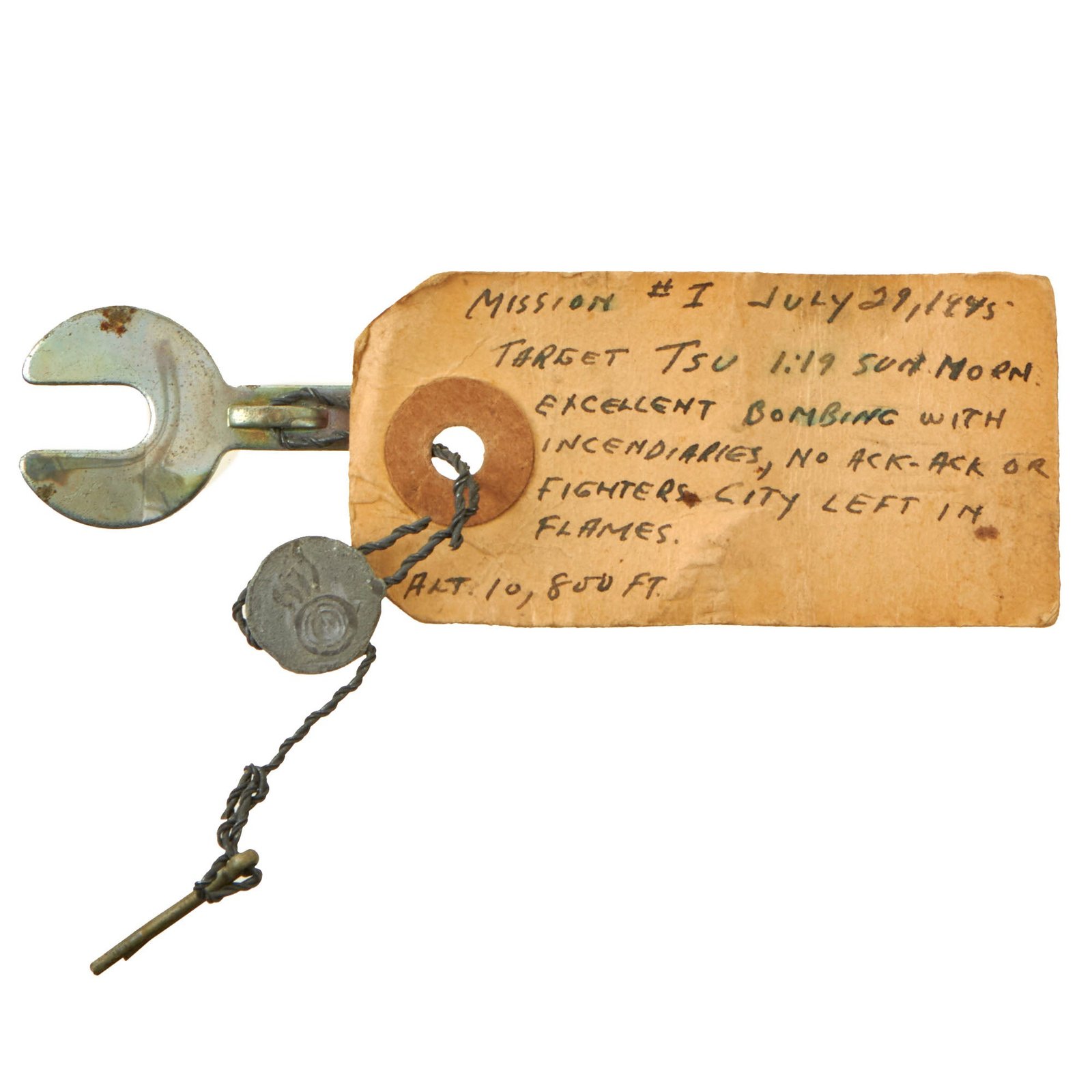 Buy Original U.S. WWII AAF Bombing Mission Pin & Wire Pulled From Incendiary Bomb with Provenance Tag - Bombing of Tsu, Japan | Original Firearms Antique For Sale