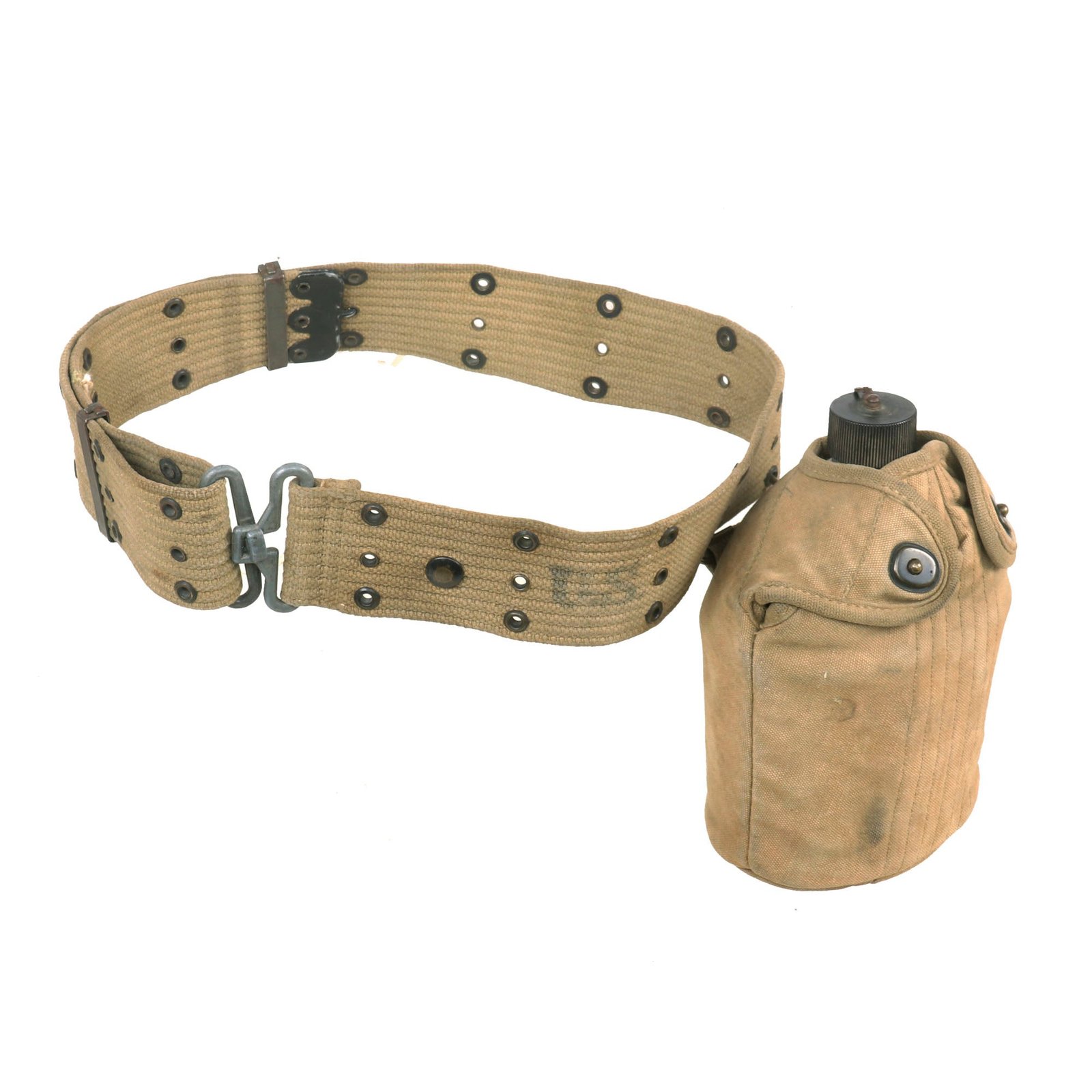 Buy Original U.S. WWII M1910 Engraved Canteen & Pistol Belt Set Named to Charles Edward Shields with Research Paperwork | Original Firearms Antique For Sale