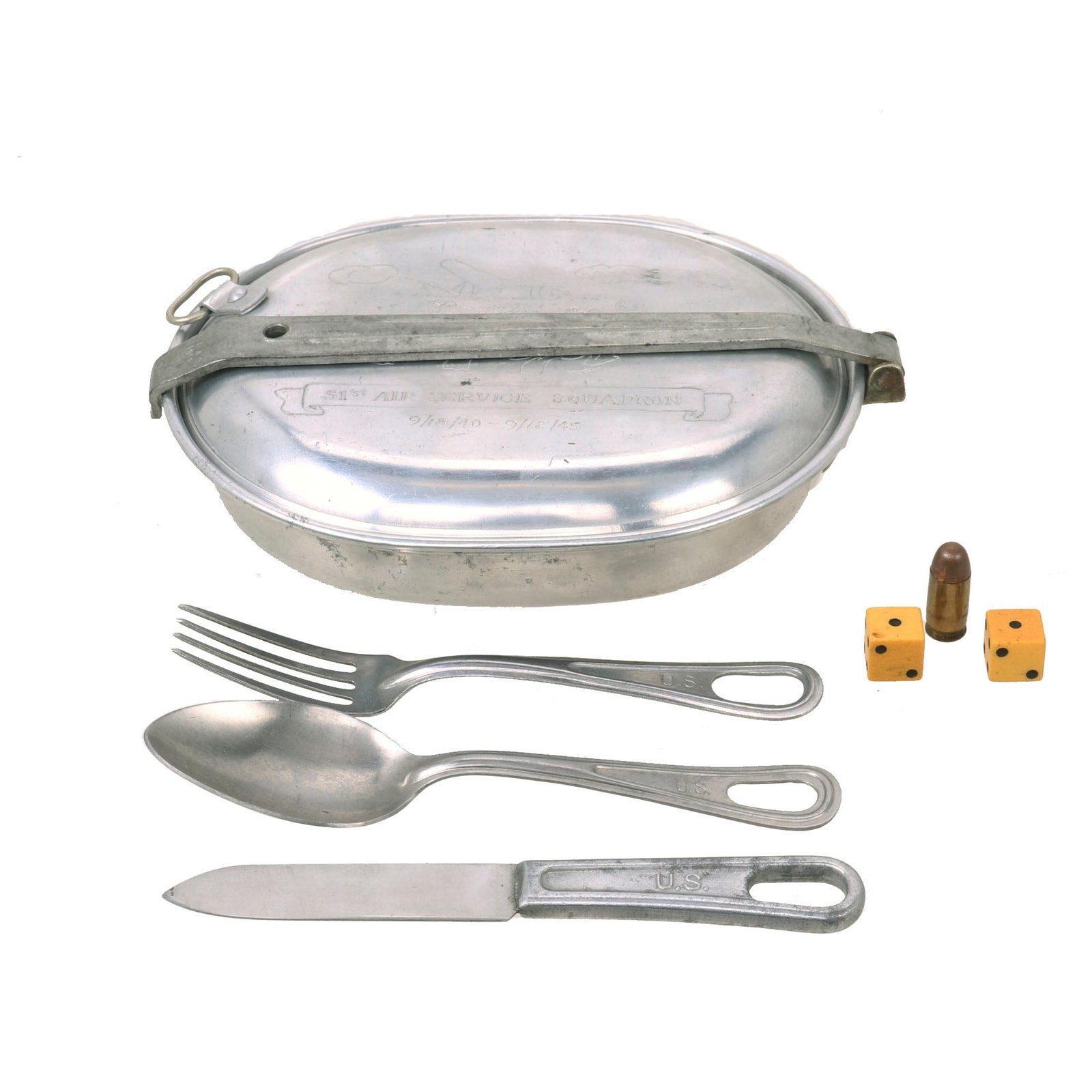 Buy Original U.S. WWII 51st Air Service Squadron Walt Disney Trench Art Engraved M1910 Mess Kit with Huey, Dewey, and Louie Duck - Utensils & Dice | Original Firearms Antique For Sale