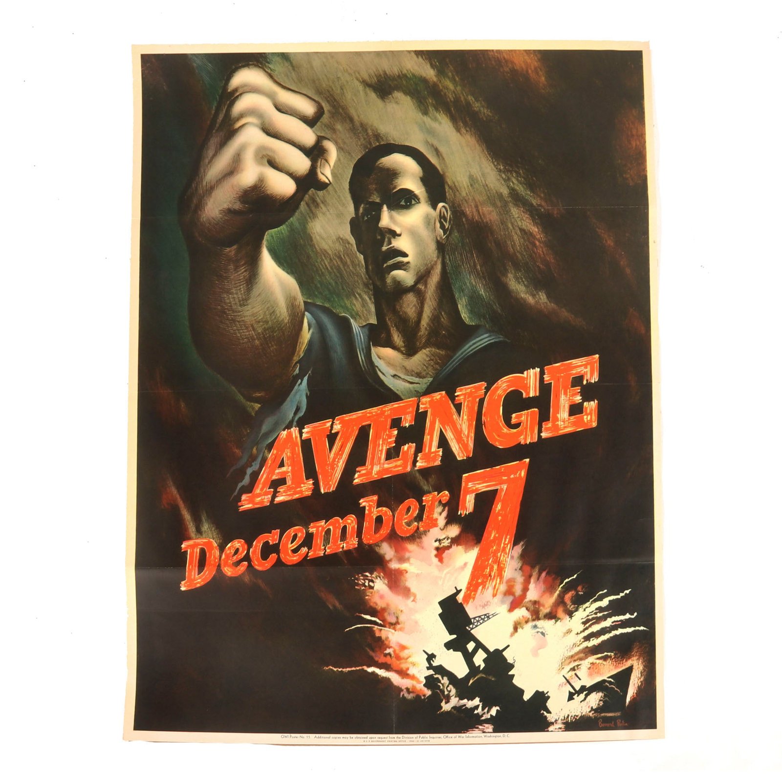 Buy Original U.S. WWII 1942 “Avenge December 7” OWI Propaganda Poster Featuring Artwork by Bernard Perlin - 28” x 22” | Original Firearms Antique For Sale