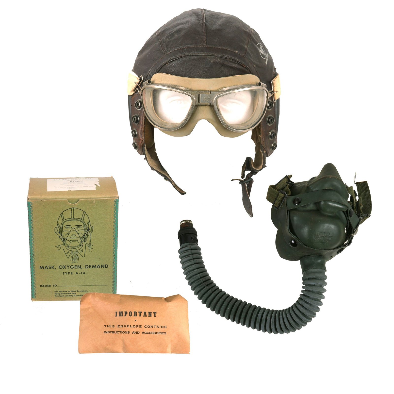 Buy Original U.S. WWII Army Air Forces Aviator Flight Set - A-11 Flying Helmet, AN6530 Goggles, A-14 Oxygen Mask | Original Firearms Antique For Sale