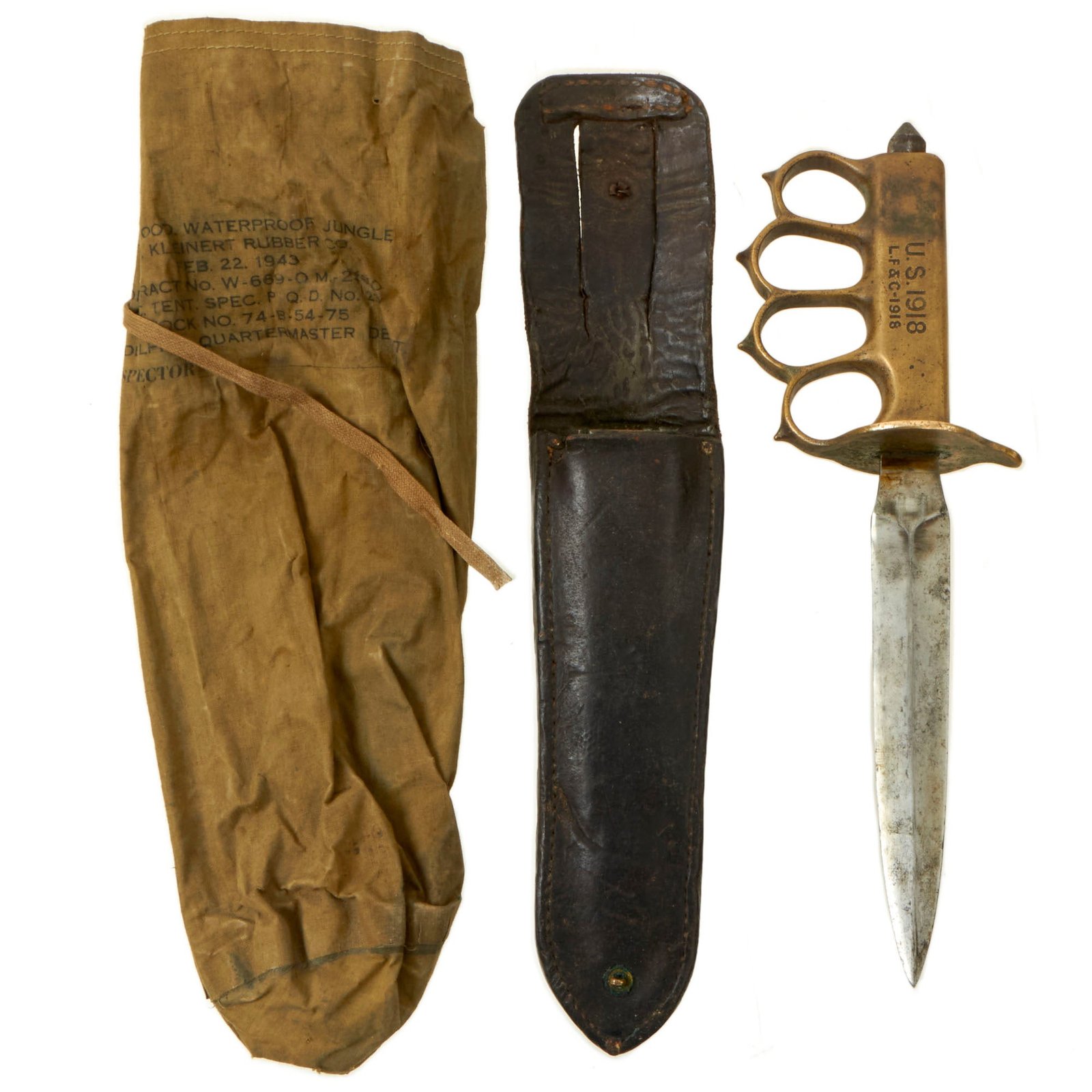 Buy Original U.S. WWI Model 1918 Mark I Trench Knife by L. F. & C. with Steel Scabbard In Leather Belt Carrier and 1943 Dated Waterproofing Bag | Original Firearms Antique For Sale