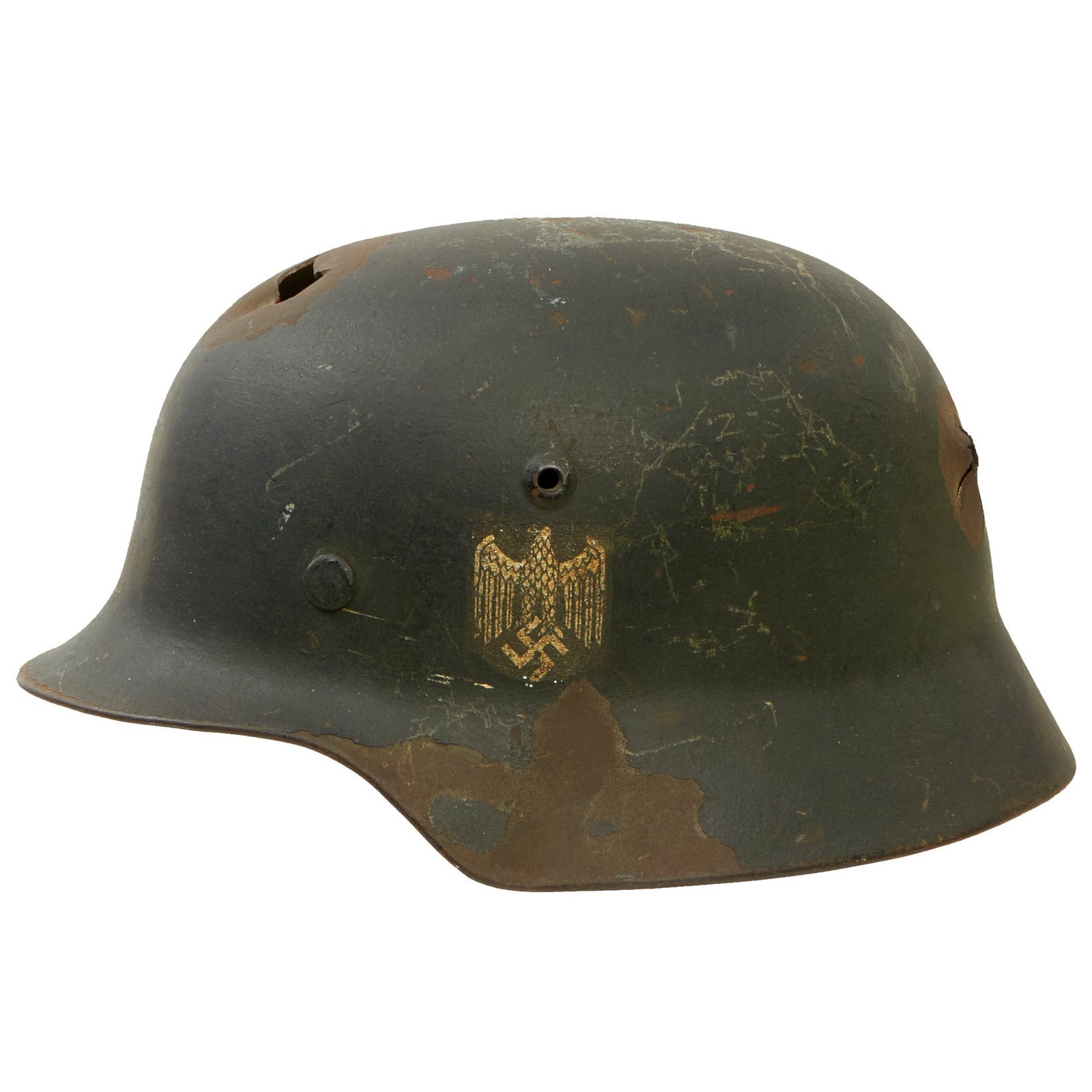 Buy Original German WWII Army Heer M35 Single Decal KIA Shot Through Steel Helmet with Torn Liner & Chinstrap - SE66 | Original Firearms Antique For Sale