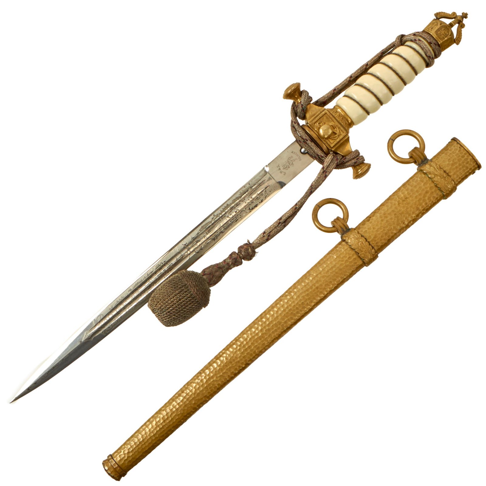 Buy Original Rare German Weimar Period Deluxe Model 1902 Reichsmarine Naval Dagger by Ernst Pack & Söhne with Crown Pommel & Hammered Scabbard | Original Firearms Antique For Sale