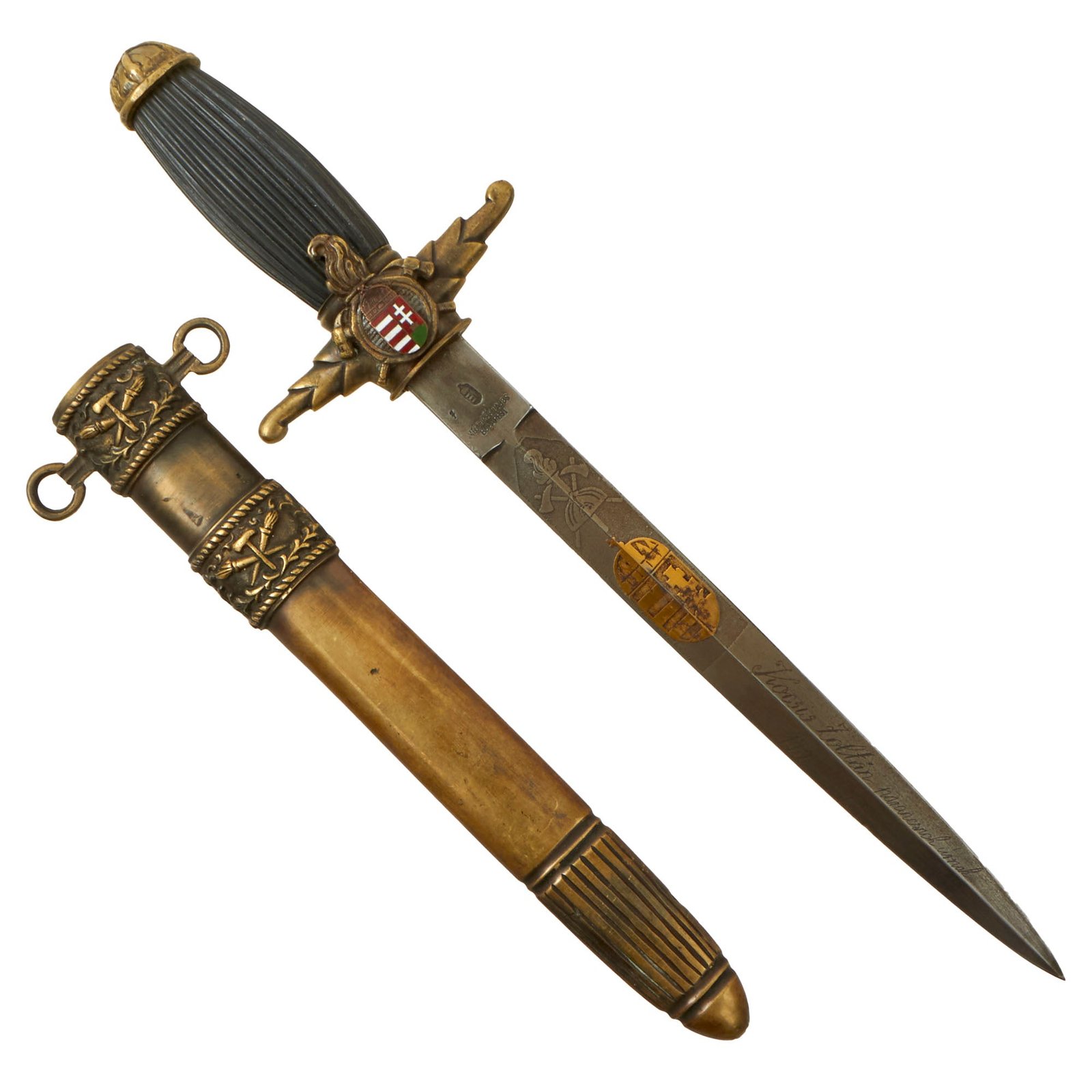 Buy Original Hungarian Early WWII Era Kingdom of Hungary Firefighter Dress Dagger With Ornate Blade and Brass Scabbard by Lajos Mészáros, Budapest | Original Firearms Antique For Sale