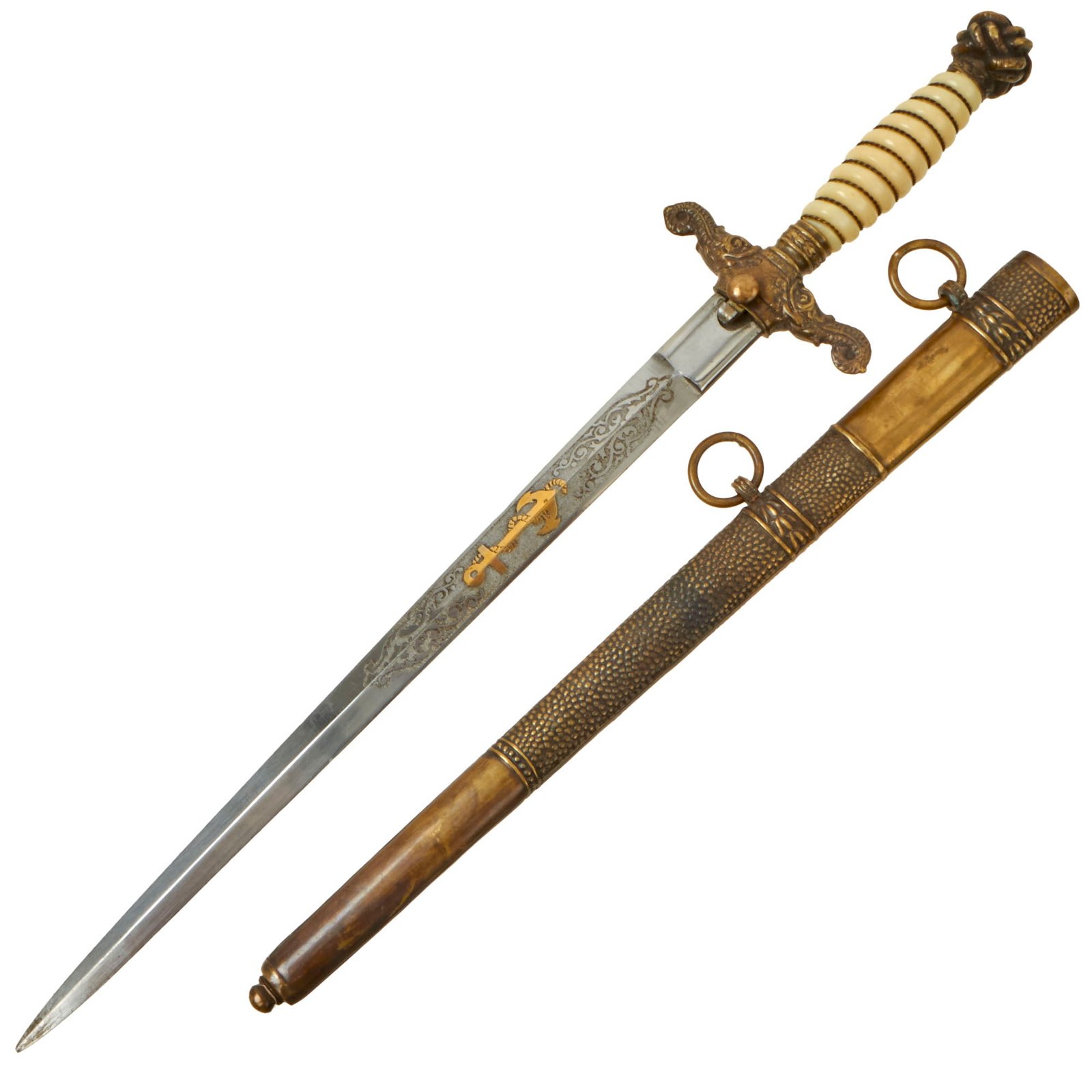 Buy Original Hungarian Early WWII Era Kingdom of Hungary Naval Officer Dress Dagger With Ornate Blade and Brass Scabbard | Original Firearms Antique For Sale