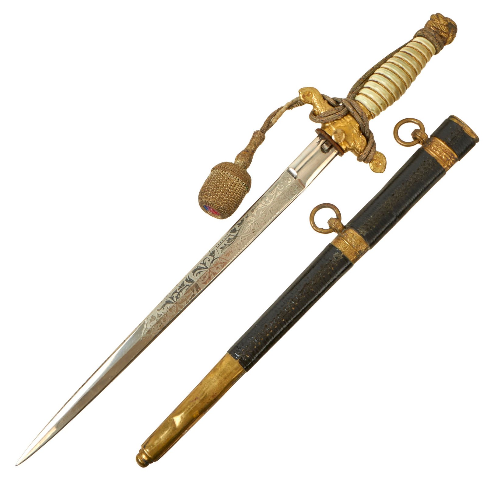 Buy Original Hungarian Early WWII Era Kingdom of Hungary Officer Dress Dagger With Ornate Blade, Dagger Knot Cord, & Leather Brass Scabbard | Original Firearms Antique For Sale