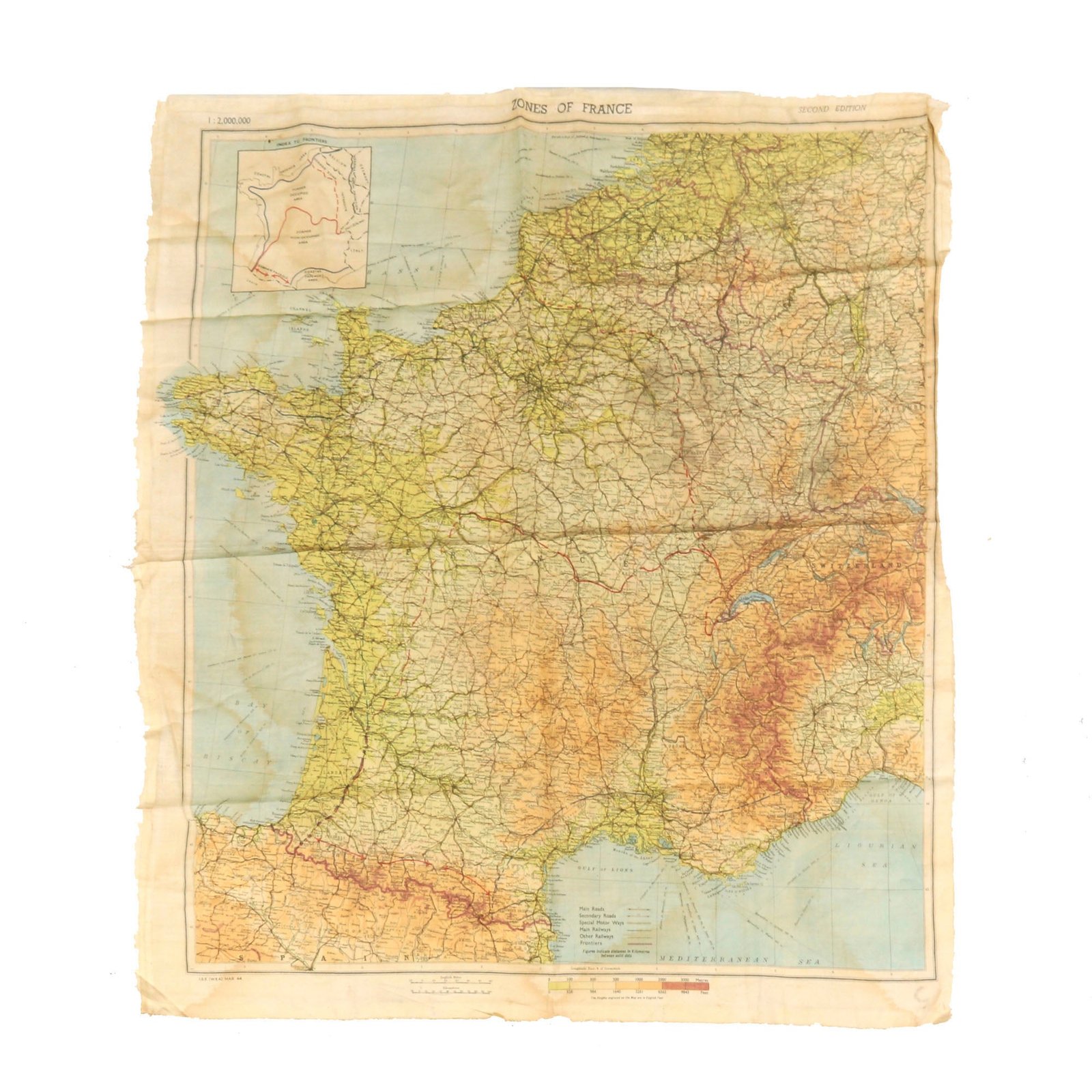 Buy Original U.S. WWII Airborne "Zones of France" D-Day Silk Map - Dated March 1944 - WEA Western European Area - 22 ½” x 24” | Original Firearms Antique For Sale