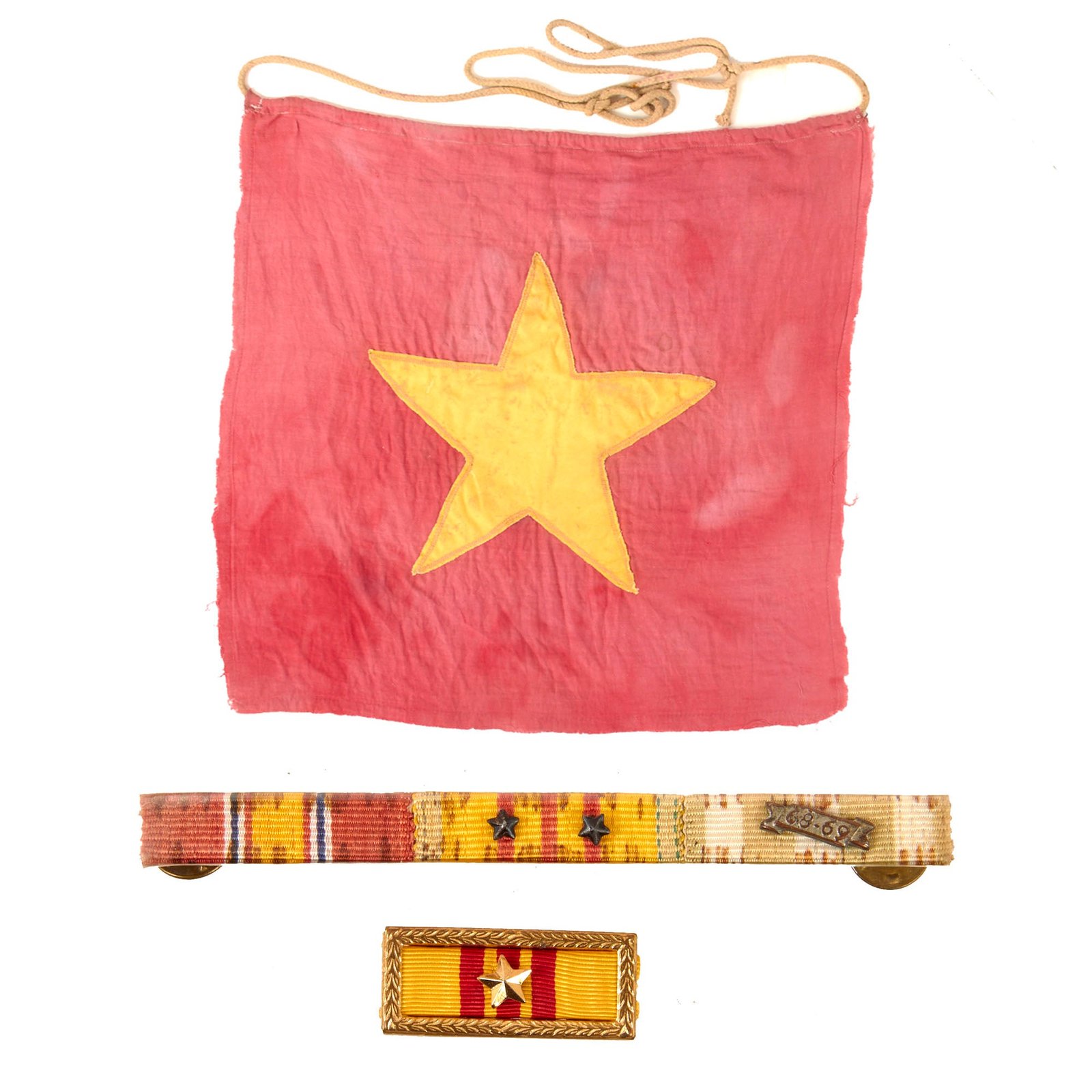 Original U.S. Vietnam War Bringback North Vietnamese People’s Army Flag and Ribbon Bar - 16 ¼ x 16 ½”