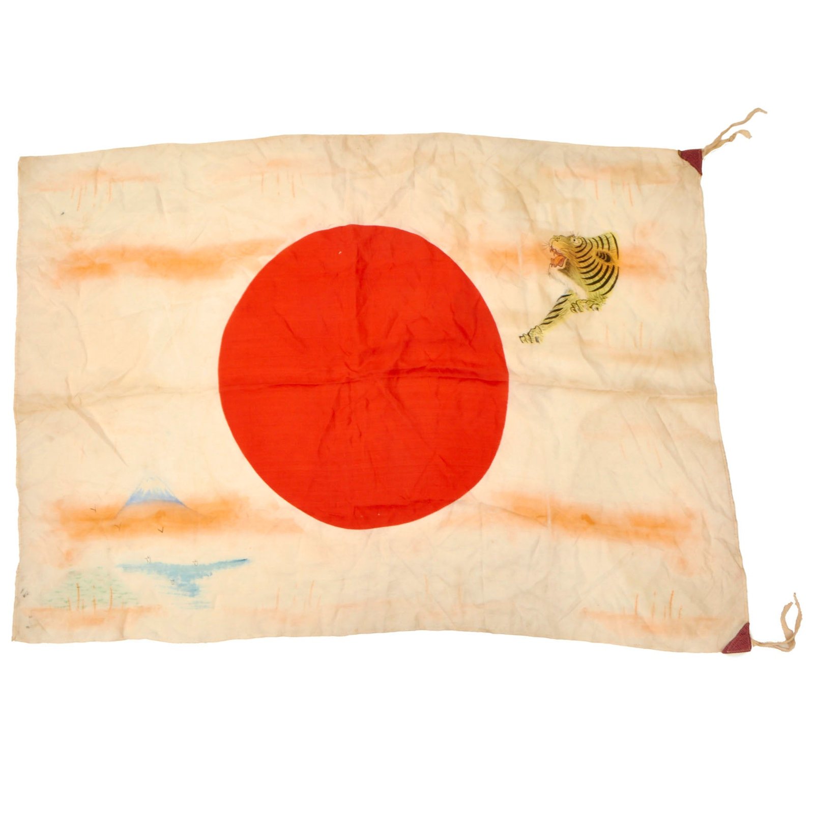 Buy Original Japanese WWII Hand Painted Cloth Flag with Fantastic Tiger Motif & Mt. Fuji - 26½ x 39” | Original Firearms Antique For Sale