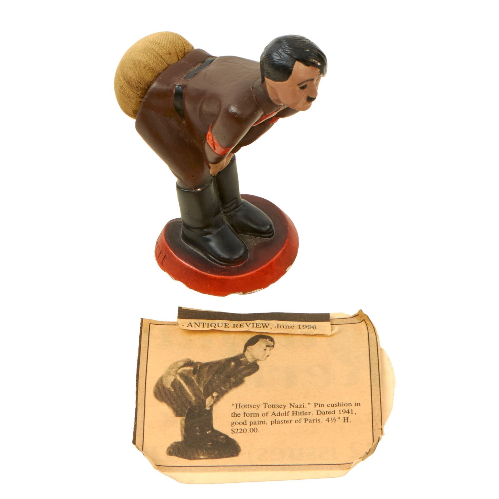 Buy Original WWII U.S. Home Front Anti-Axis "Hotzi Notzi" Propaganda Pin Cushion with 1990s Newspaper Ad | Original Firearms Antique For Sale