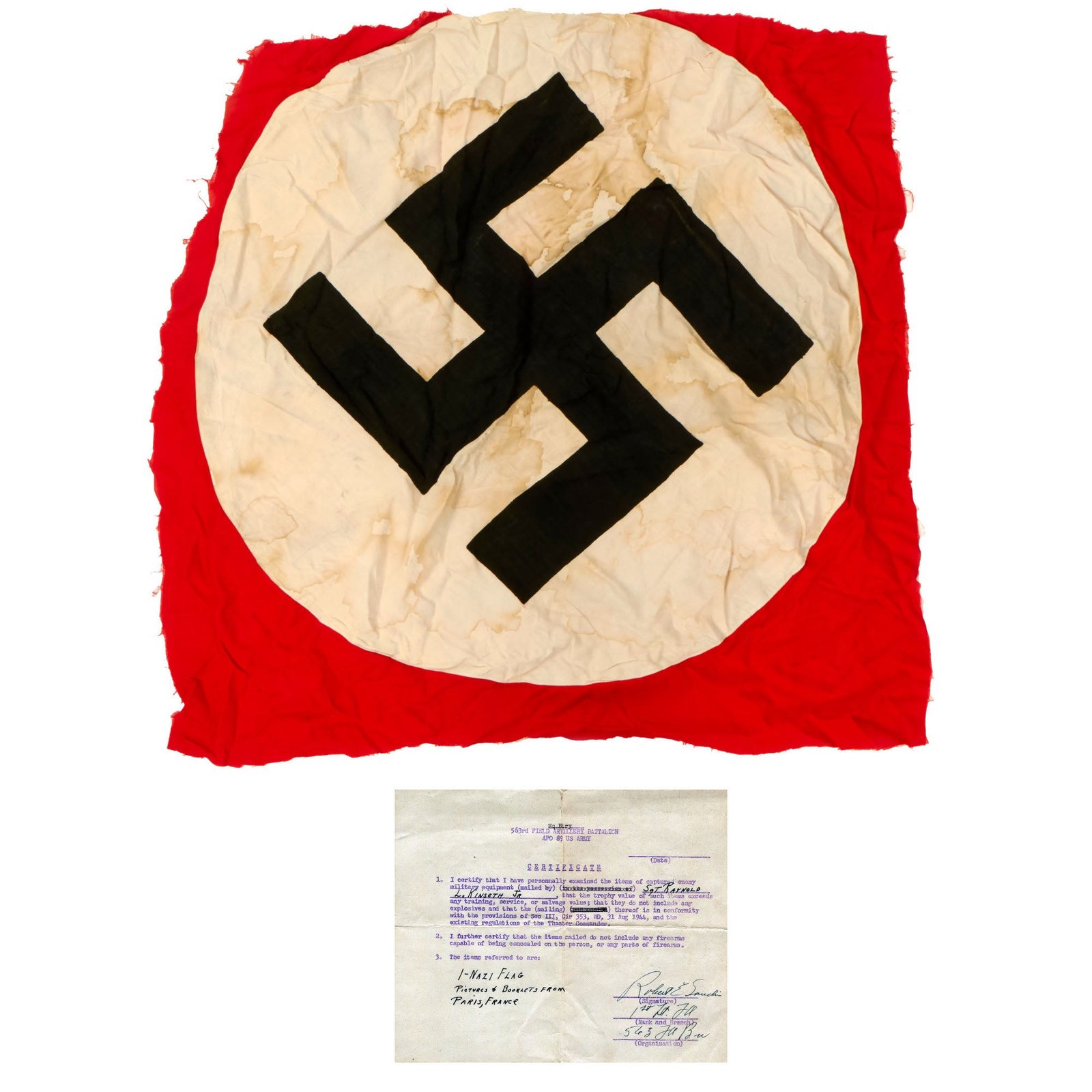 Buy Original German WWII U.S. 89th Division Captured Cutoff German Banner with Capture Paperwork - 40 x 42” | Original Firearms Antique For Sale