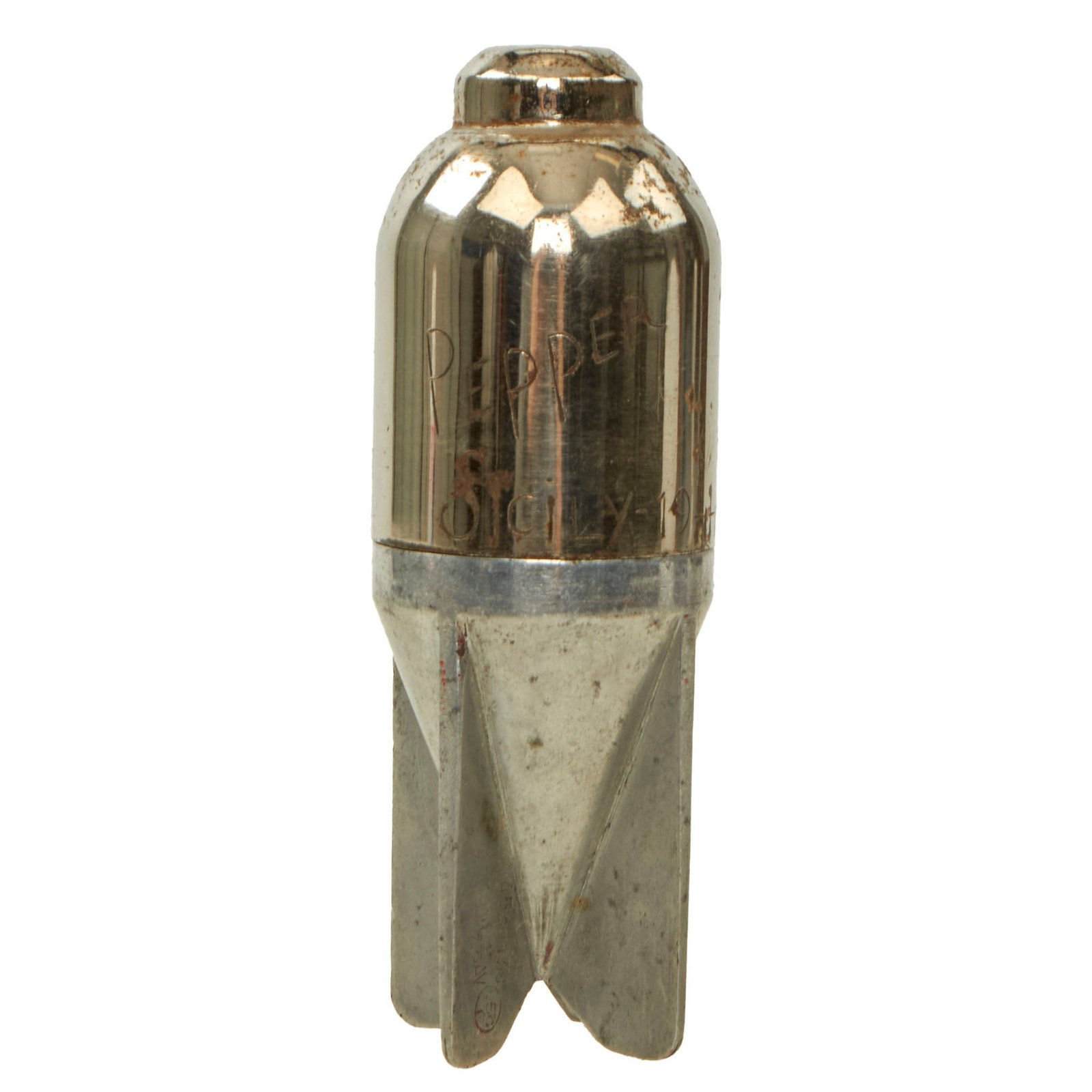 Buy Original Italian WWII "Red Devil" 45mm Brixia Model 35 Mortar Bomb Turned Sicily GI Souvenir Pepper Shaker - Dated 1942 - Inert | Original Firearms Antique For Sale