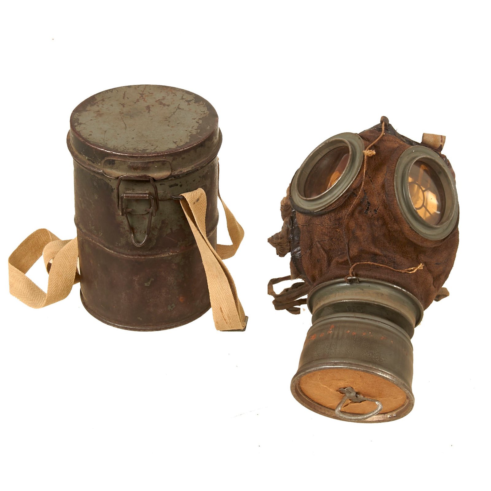 Buy Original Imperial German WWI M1917 Ledermaske Gas Mask & Canister with Original Carrying Strap & Spare Lens | Original Firearms Antique For Sale