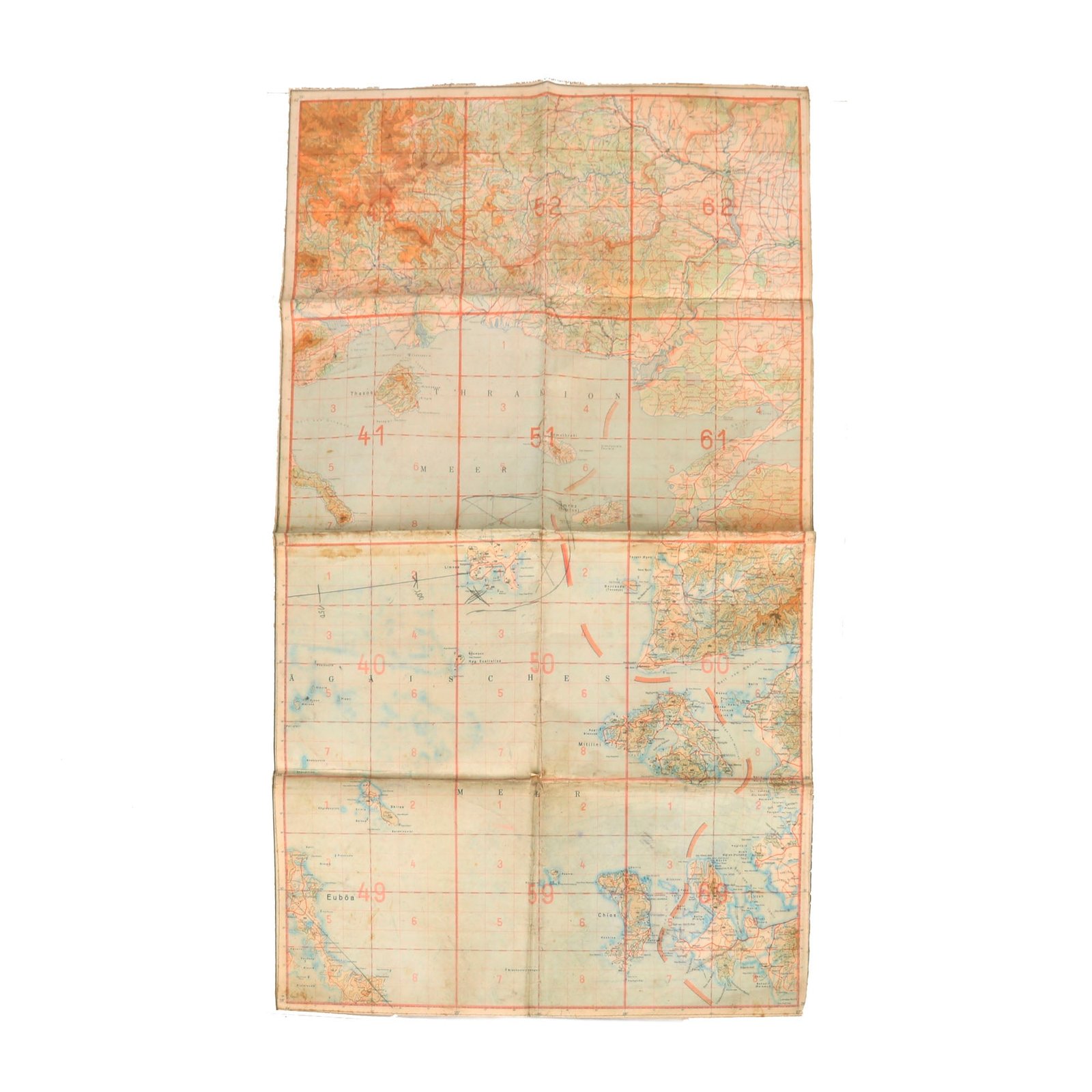 Buy Original German WWII Luftwaffe Navigator Soft Laminate “Half” Map of Northern Greece and Aegean Sea - 36 ¼" x 21 ⅜" | Original Firearms Antique For Sale