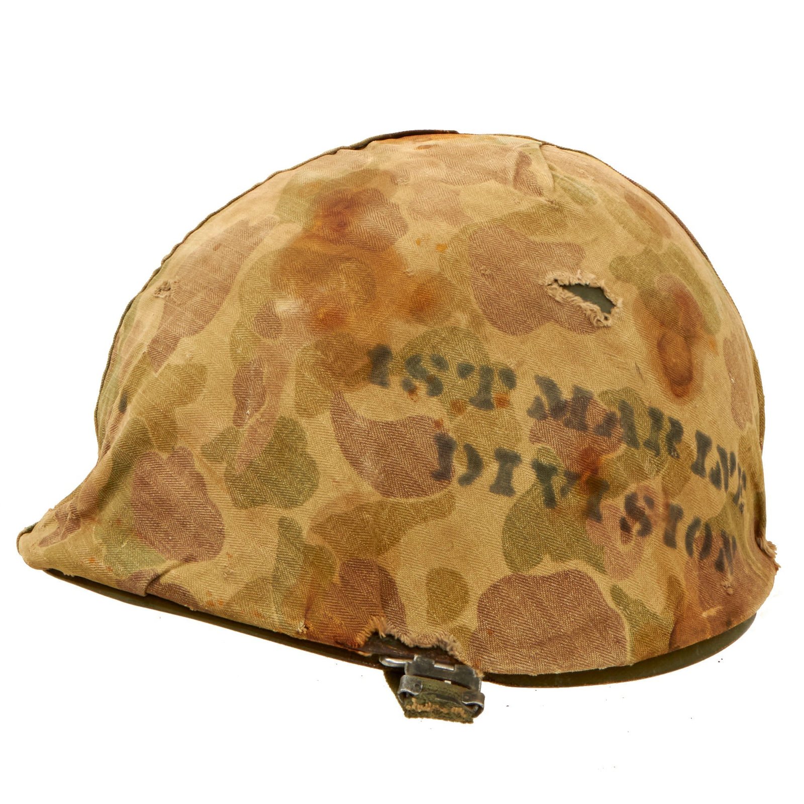 Buy Original U.S. Korean War 1st Marine Division Rear Seam Swivel Bale M1 Helmet with Stenciled HBT USMC Camouflage Cover | Original Firearms Antique For Sale