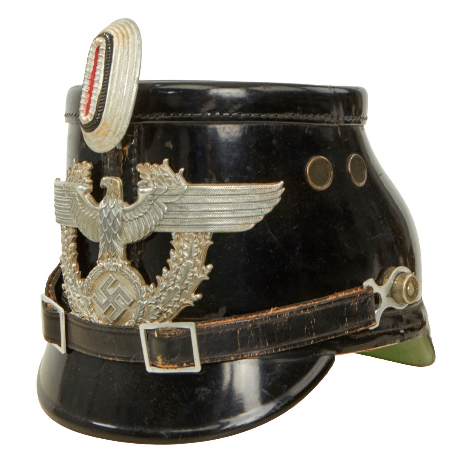 Buy Original German WWII Early Pattern Metropolitan Police Shako in Black by Friedrich Becker & Co. K.G. with Faded Issue Stamp | Original Firearms Antique For Sale