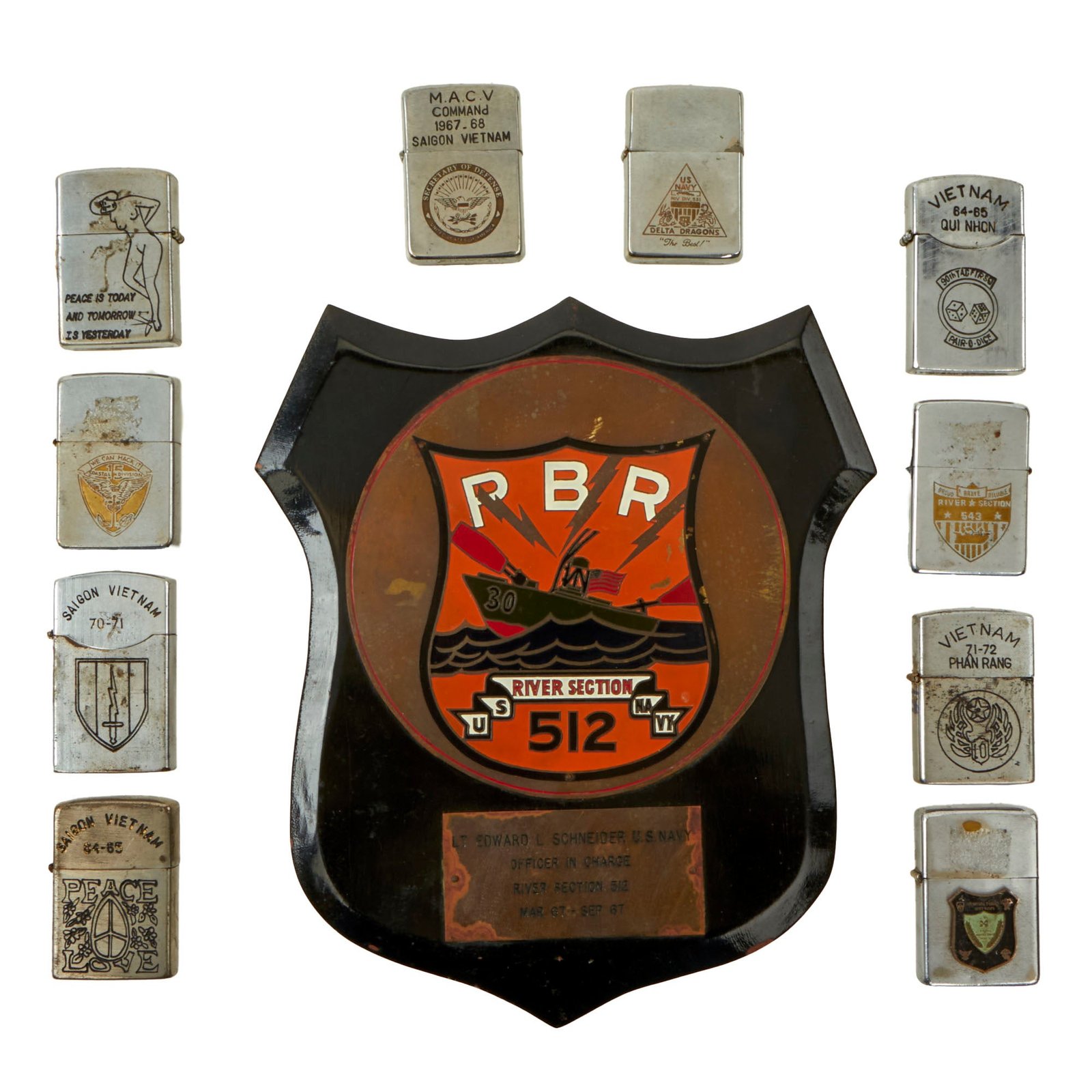 Buy Original U.S. Vietnam War Patrol Boat River Plaque and Post War Engraved Zippo Lighter Collection - 5 Zippo & 5 by Other Makers | Original Firearms Antique For Sale