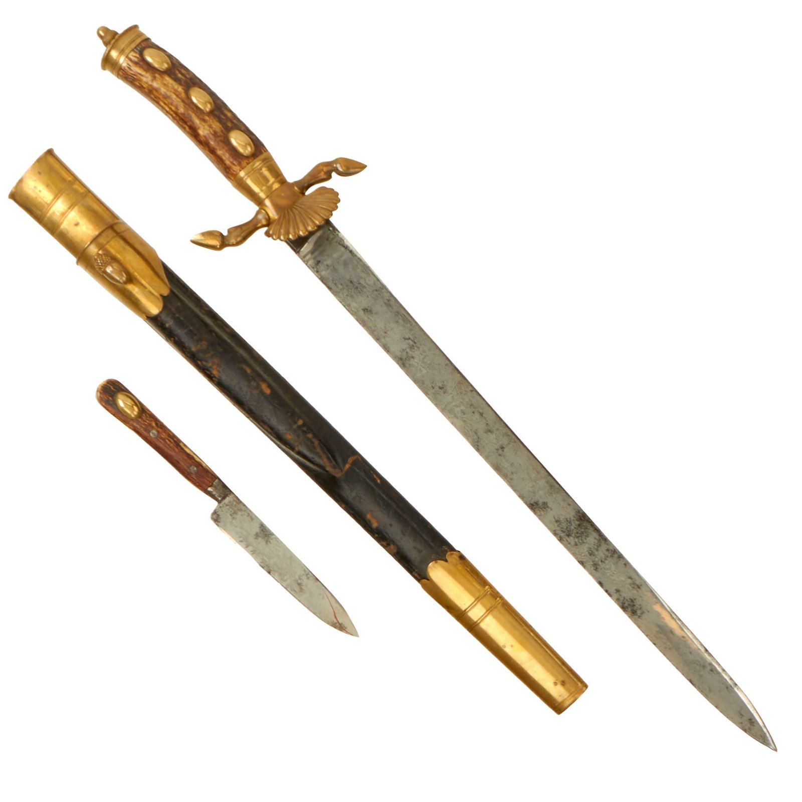 Buy Original German WWI Era Hirschfänger Stag Handle Triple Etched Hunting Short Sword by Clemen & Jung with Triple-Etched Skinning Knife in Scabbard | Original Firearms Antique For Sale
