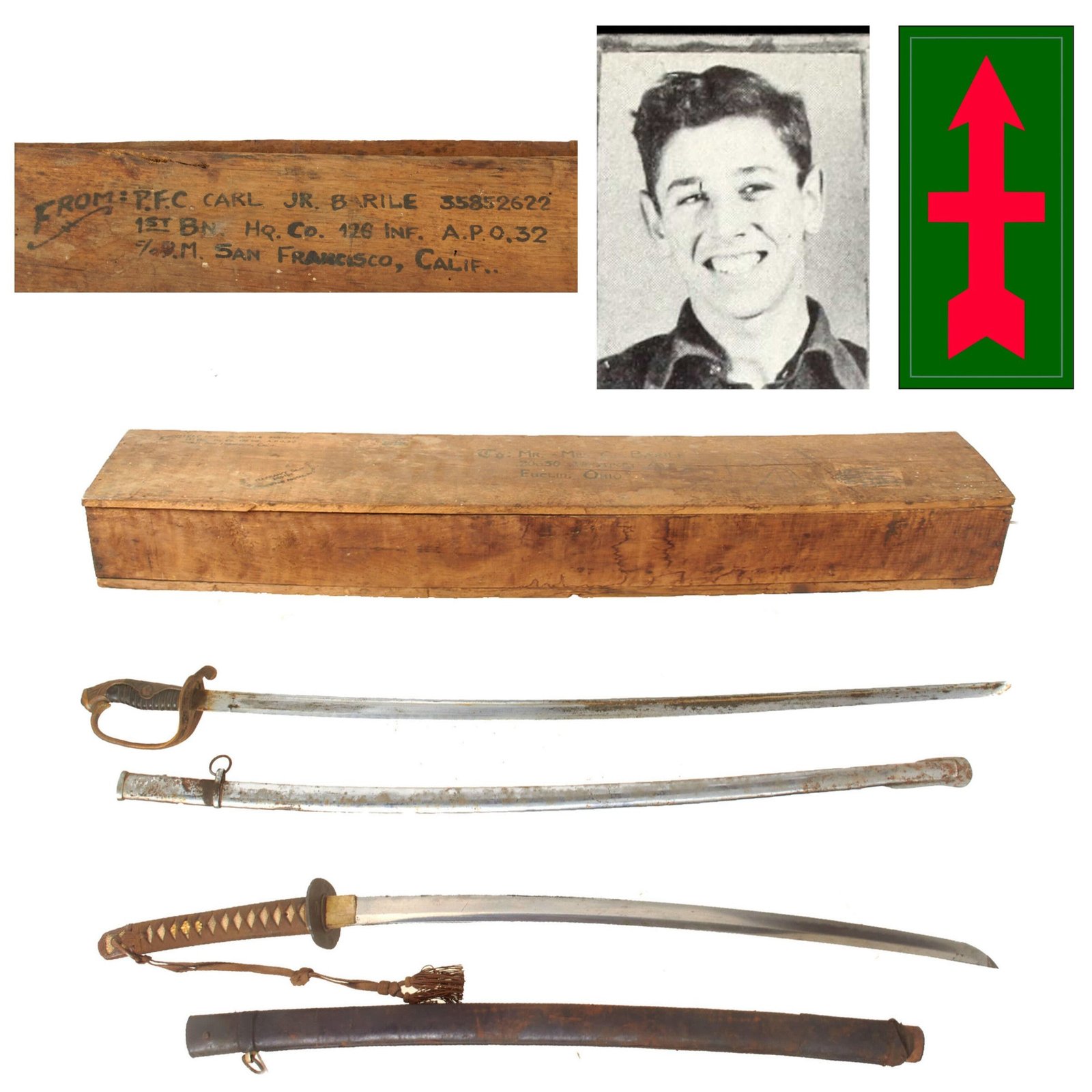 Buy Original U.S. WWII 32nd Infantry Division Captured Japanese Army Officer Sword & Shin-gunto Katana War Trophies with Original Ship-Home Box - Carl Barile Jr., 126th Infantry Regiment | Original Firearms Antique For Sale