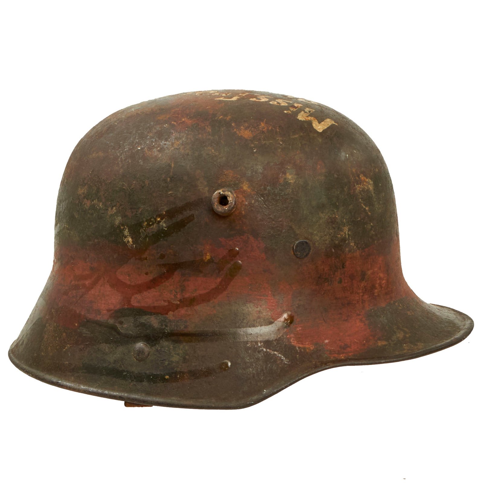 Buy Original Imperial German Splotch Camouflage-Painted M16 Stahlhelm Helmet with Send-Home Address by U.S. Soldier - Full Liner & Chinstrap - Marked Q66 | Original Firearms Antique For Sale