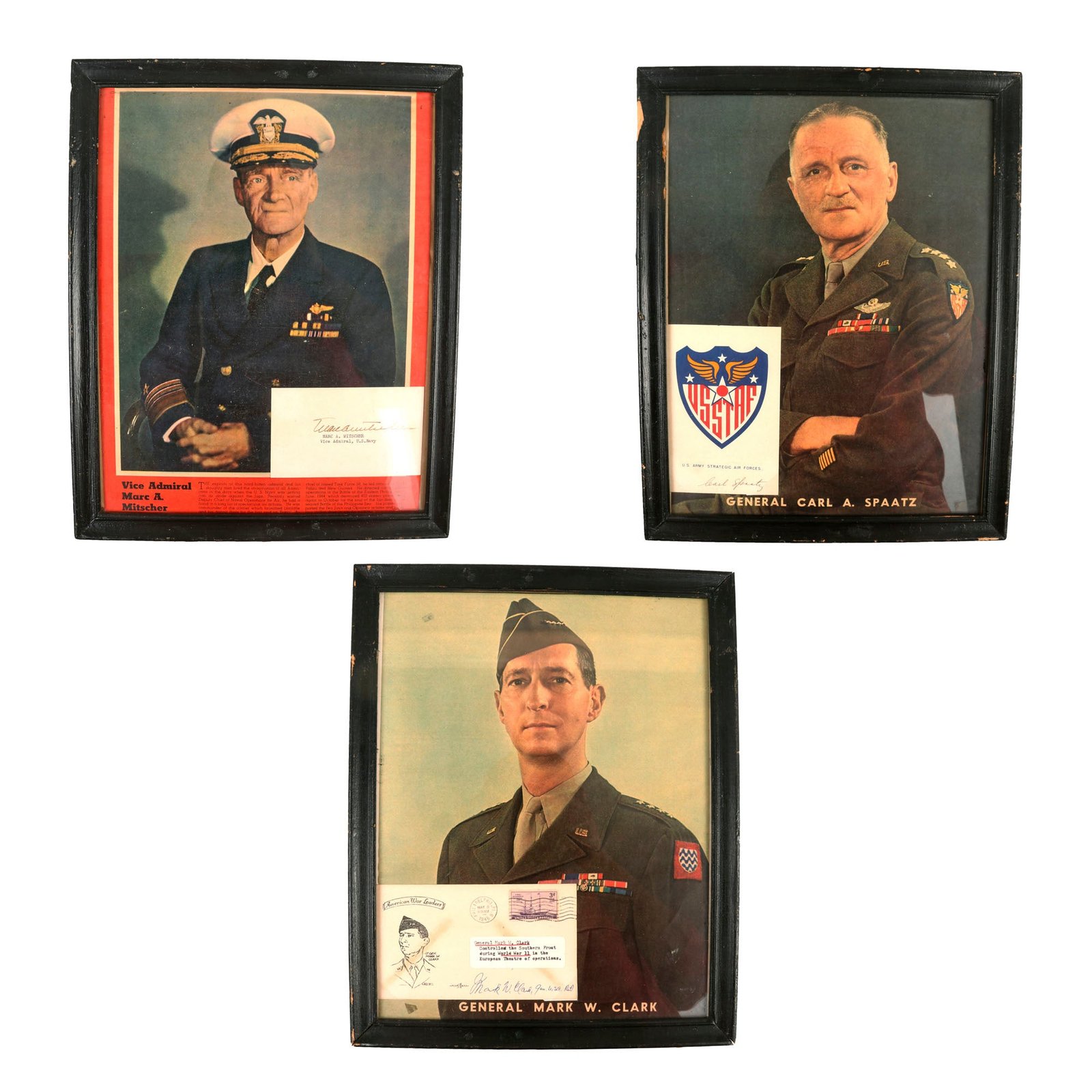 Buy Original U.S. WWII Set of Three Framed Autographs - General Mark Clark, General Carl Spaatz, & Vice Admiral Marc A. Mitscher | Original Firearms Antique For Sale