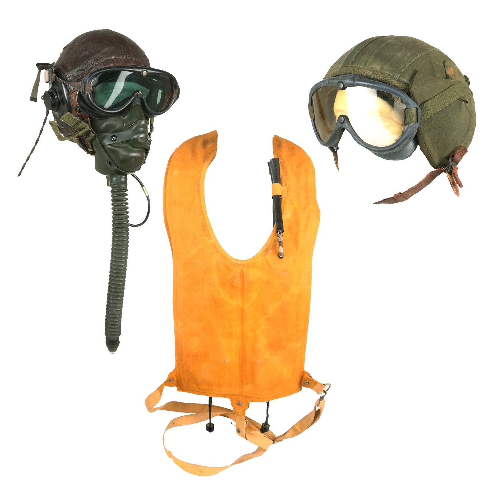 Buy Original U.S. WWII Army Air Force Aviator Flight Helmet & Life Vest Set - M4A2 Flak Helmet with Type A-11 Helmet, Two Sets of M1944 Goggles, A-14 Mask, & Mae West Pneumatic Life Vest | Original Firearms Antique For Sale