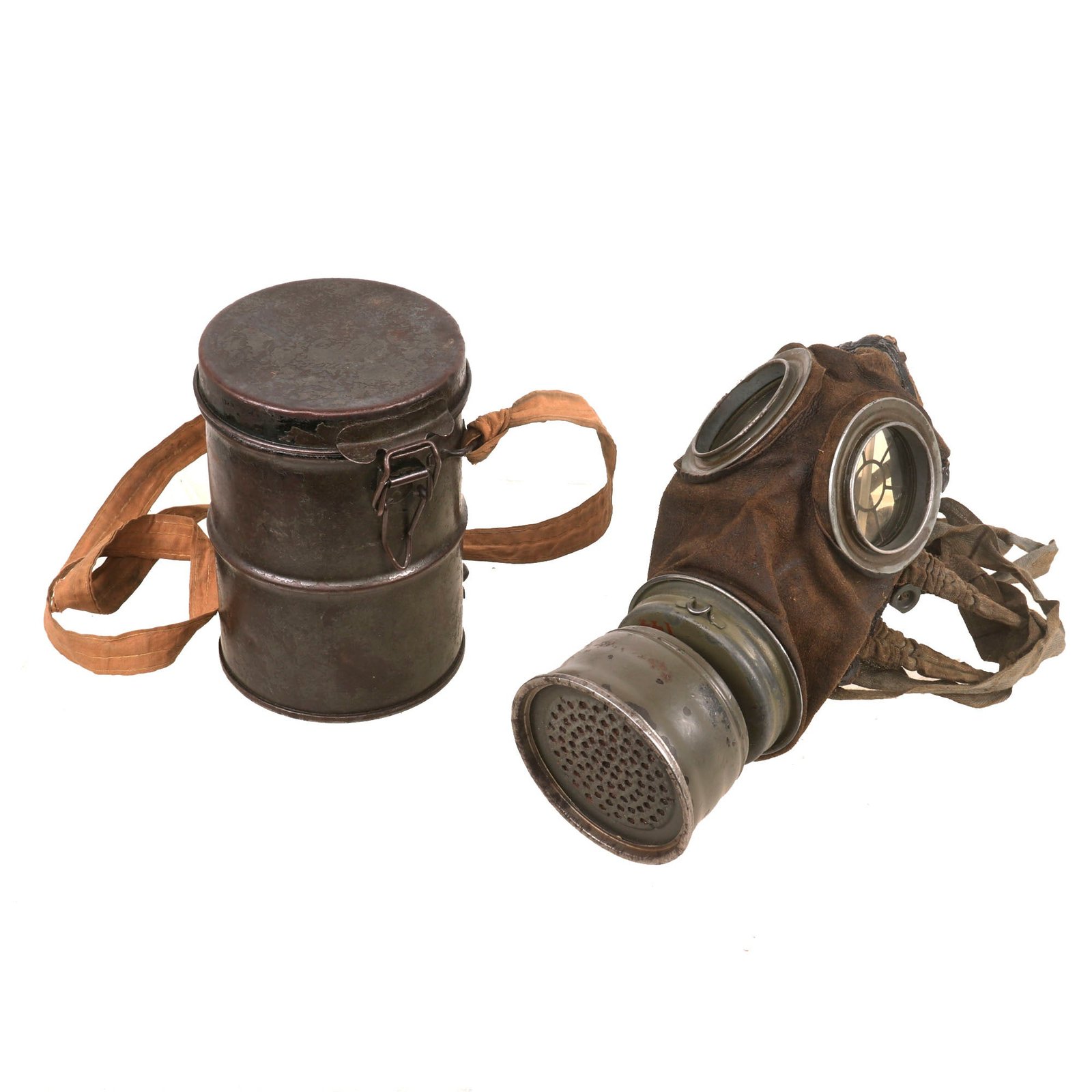 Buy Original Imperial German WWI M1917 Ledermaske Gas Mask & Canister with Original Carrying Strap & Spare Lenses | Original Firearms Antique For Sale